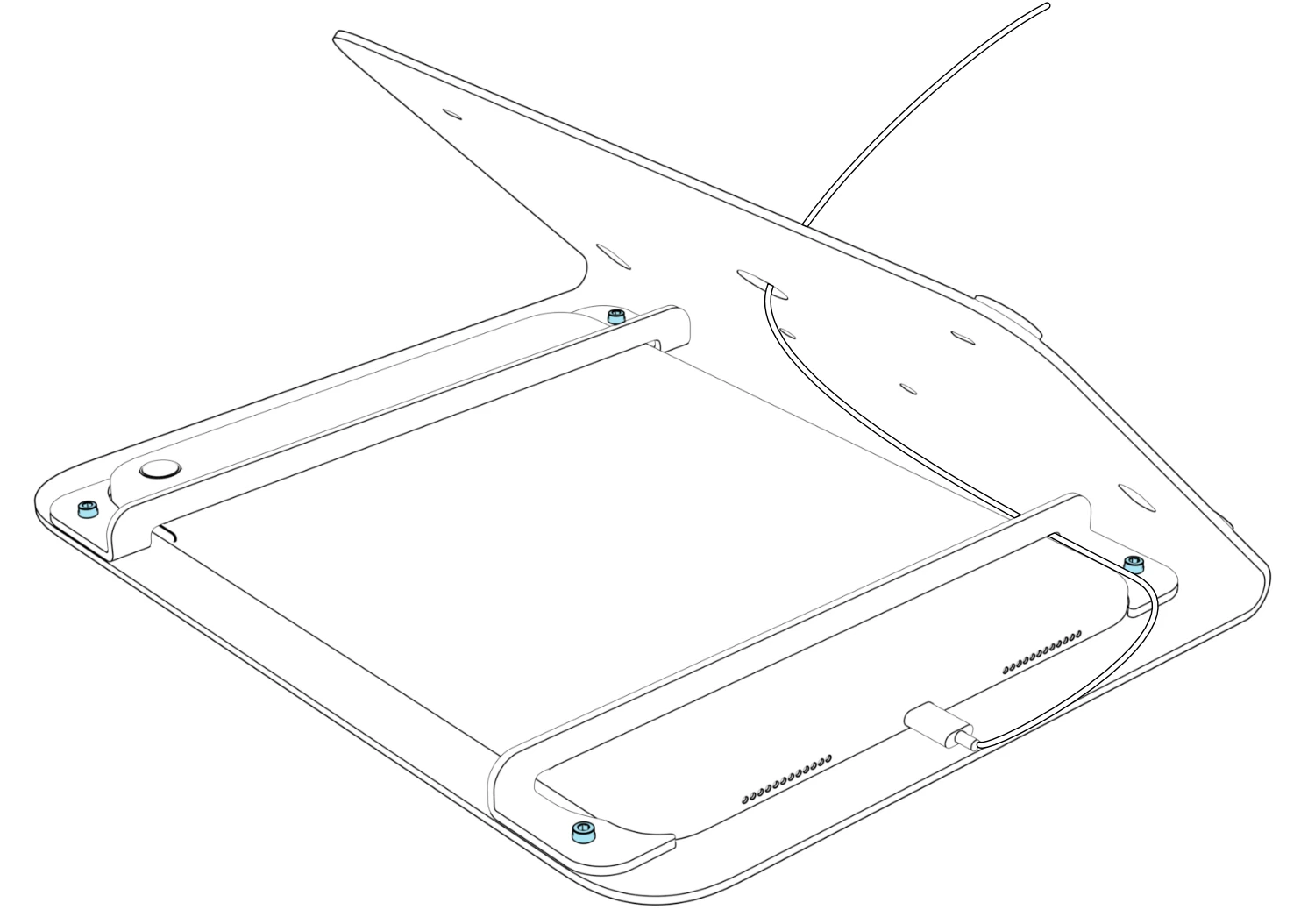 Rear view of the iPad held by both retaining brackets, with all four bracket screws seated and the USB-C cable routed through the stand base.