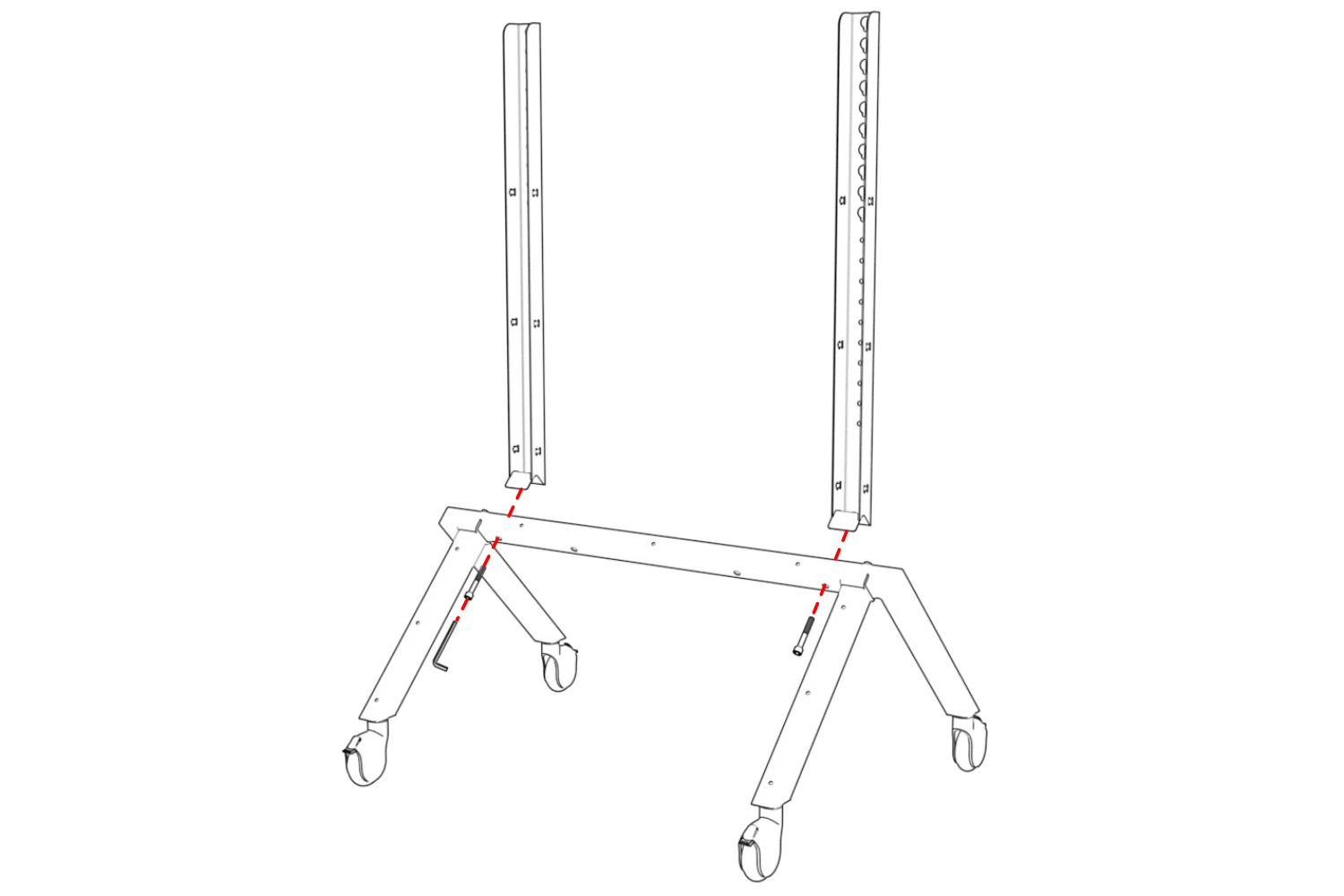 Two display rails aligned over the base, with screws and a hex key positioned below their mounting points.