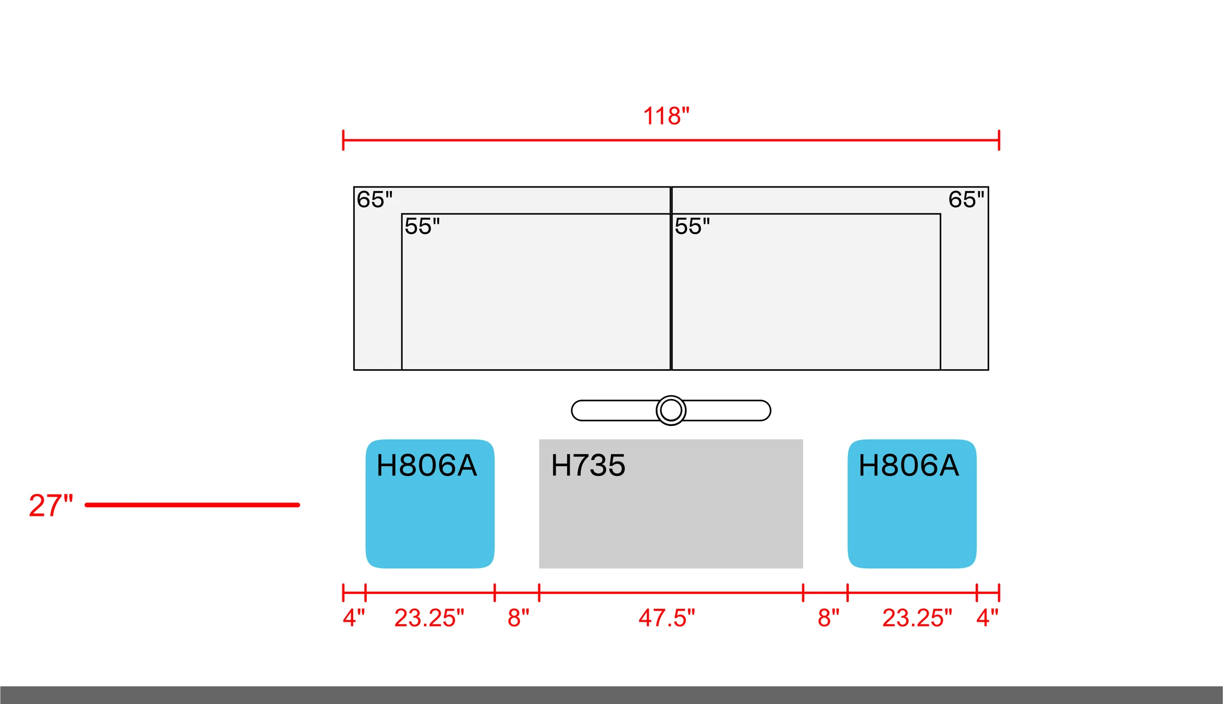 Dual 55-inch and65-inch display examples above an H735 credenza and one H806A pair, within a 118-inch layout. The 27-inch mounting reference, panel widths, and spacing dimensions are shown.