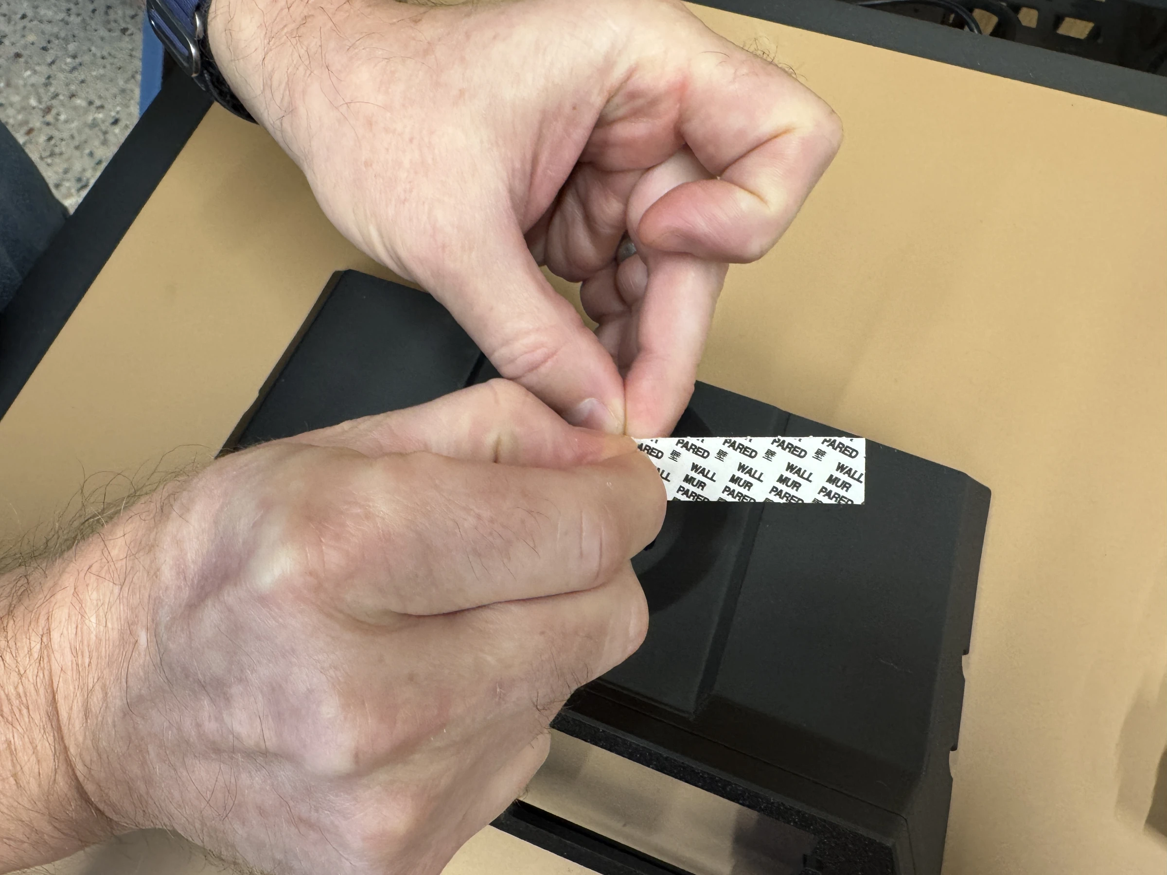 Photograph 4. Holding the adhesive strip with its printed backing facing upward.