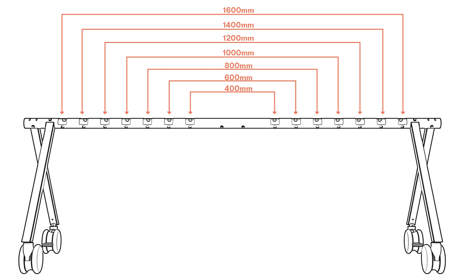 Symmetric column socket positions on the beam labeled 400, 600, 800, 1000, 1200, 1400, and 1600 mm.