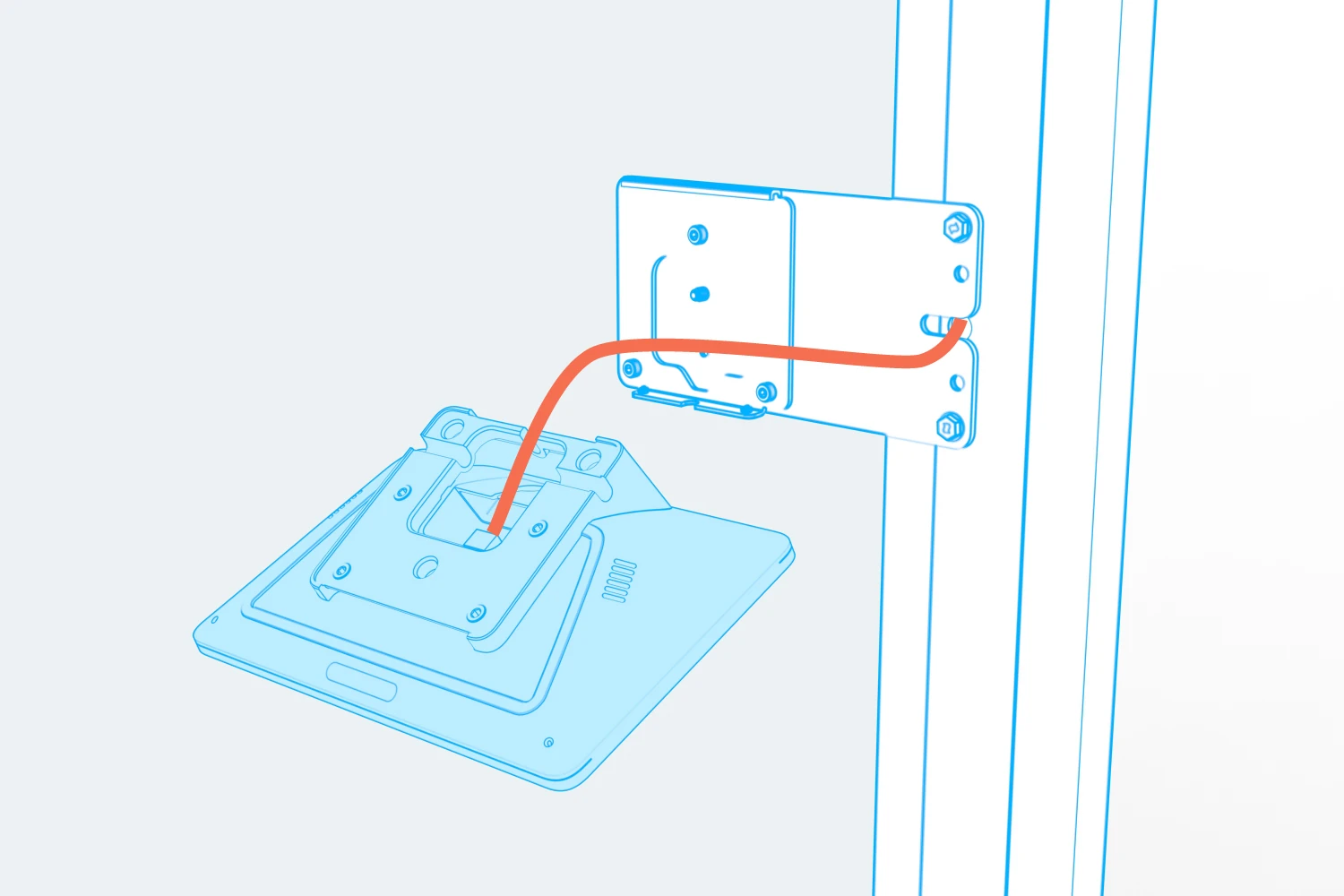 CAT cable connected to the back of the Neat Pad while the device is held below the wall mount.