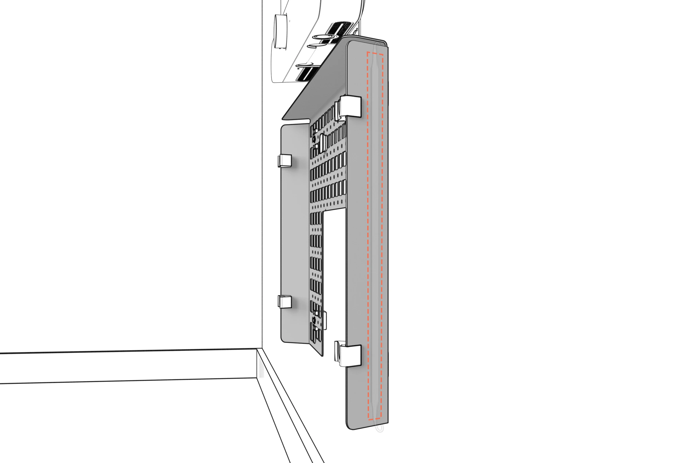 Rear side edge of Credenza Neo with the vertical LED-strip location outlined.