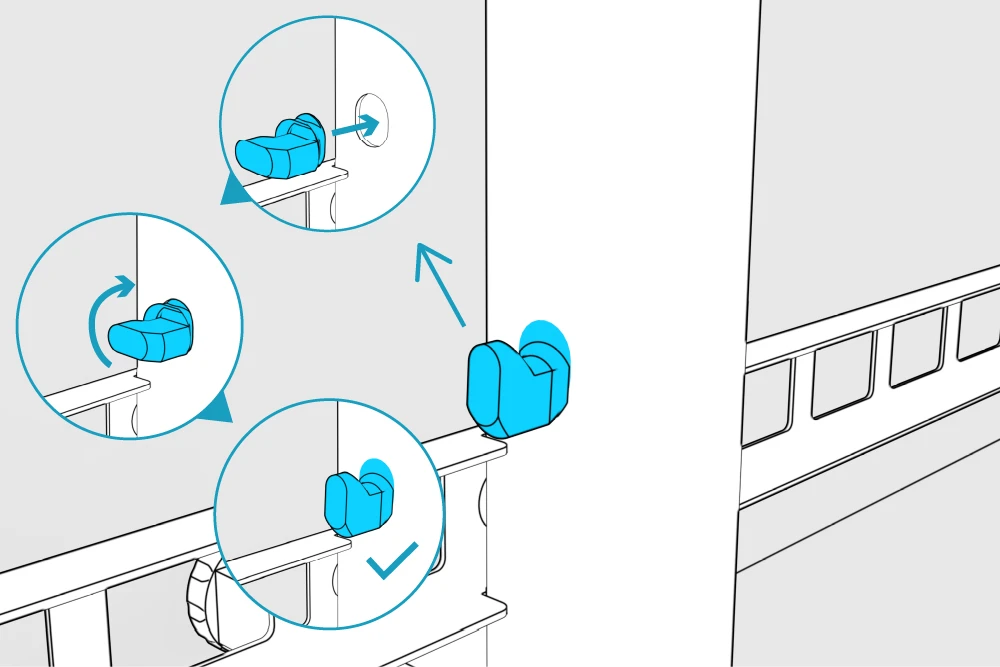 Close-ups showing a hook anchor entering the leg, rotating, and seating upright, with a check mark at the final position.