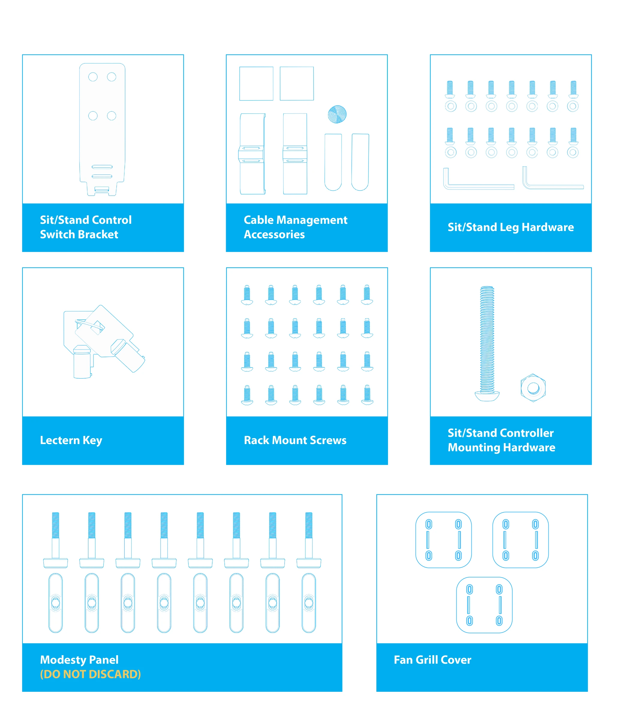 Labeled hardware packs for the control-switch bracket, cable management, legs, key, rack screws, controller, modesty panels, and fan-grille covers.