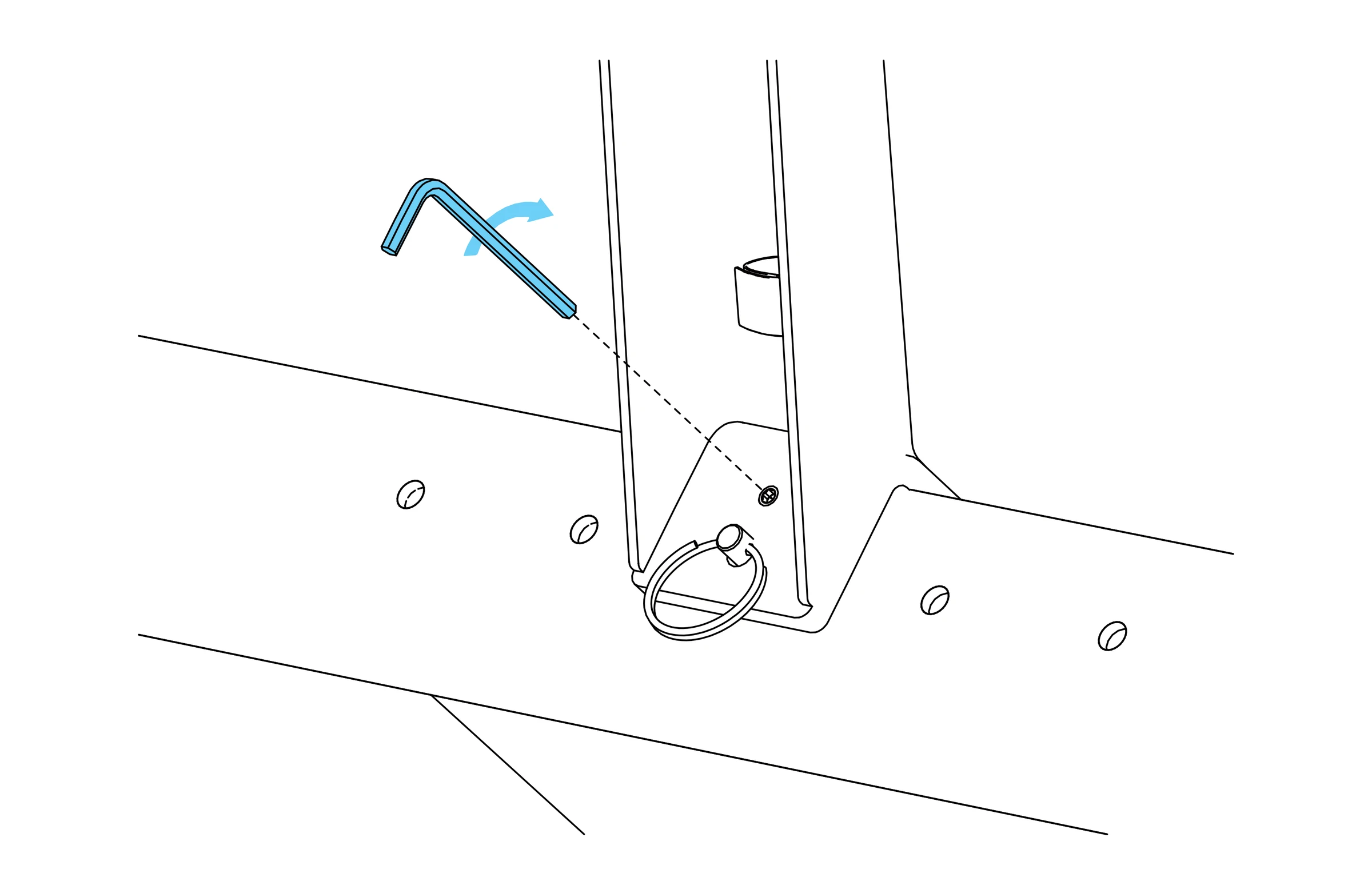 Hex key at the arm set screw, with a turning arrow and the safety pin seated below.