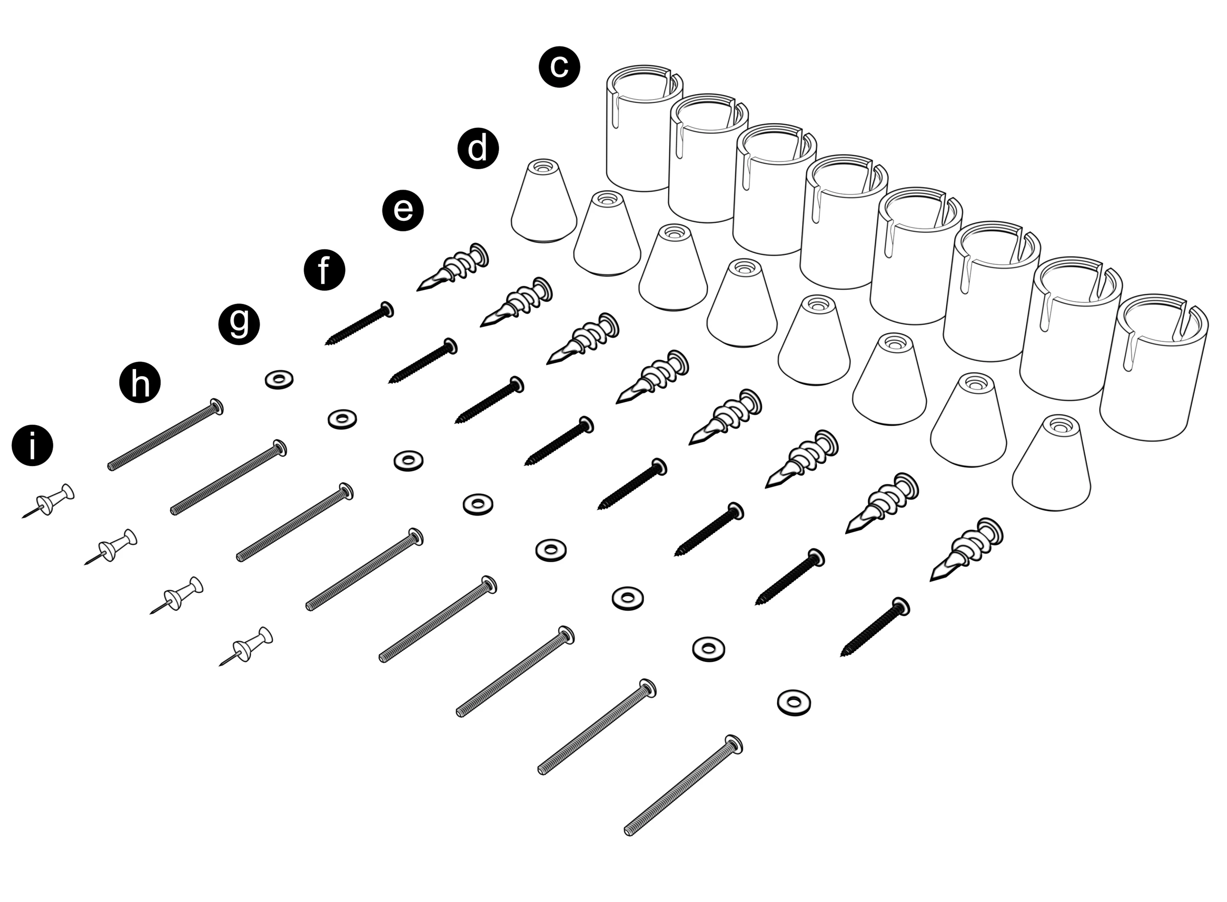 Mounting components labeled c–i: wall cups, panel anchors, wall anchors, screws, washers, and push pins.