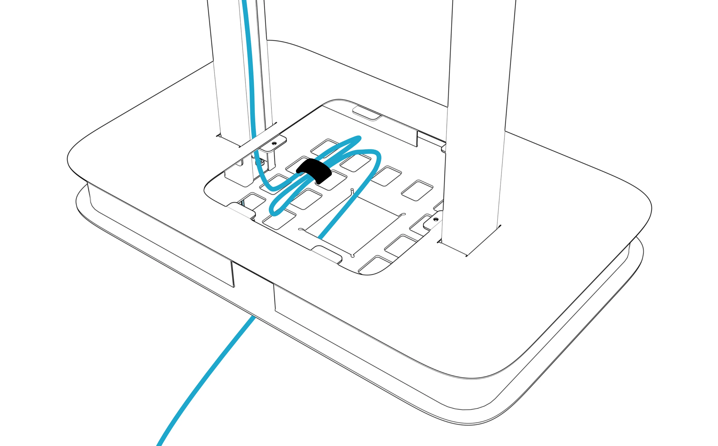 Small device strapped inside the bottom shelf with its cable routed toward an upright.
