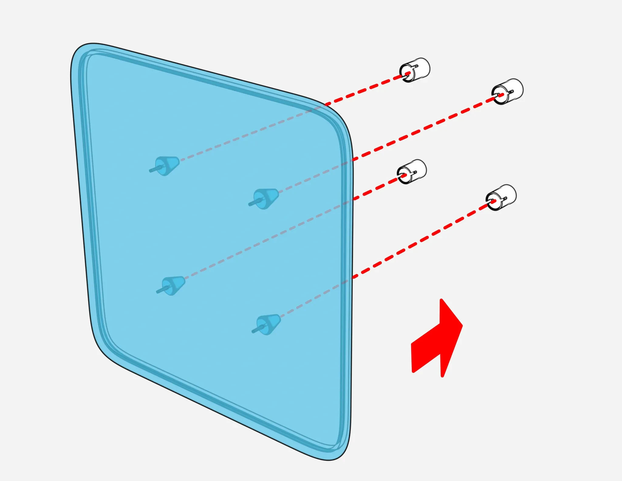 Panel with 4 conical anchors aligned to the matching wall cups and an arrow showing the panel pressed toward the wall.