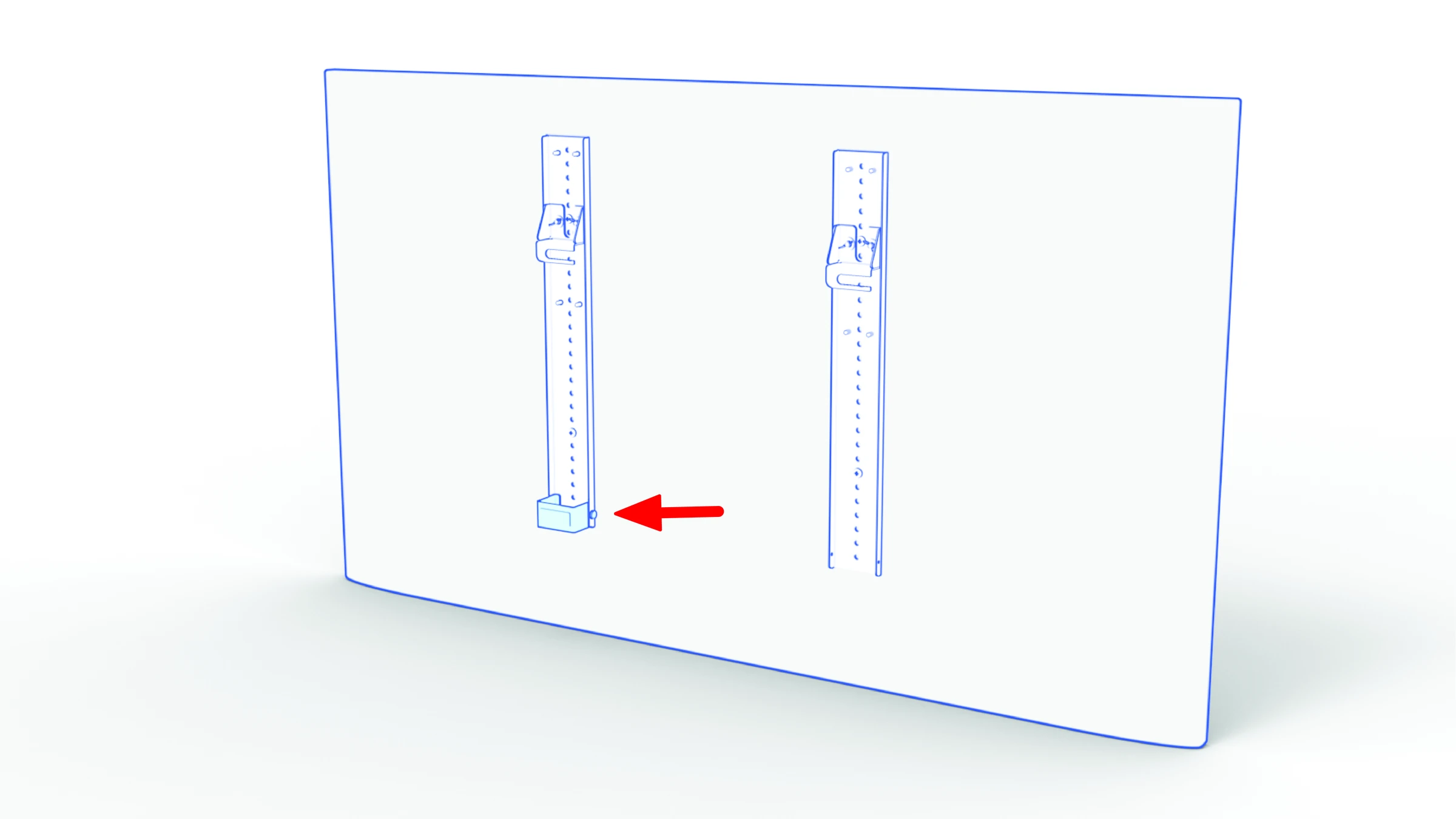 Wall bumper bracket positioned at the lower end of the right-hand rail when viewed from the display’s front.