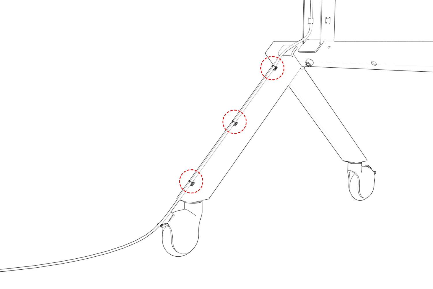 Three cable anchor locations circled along the rear leg.