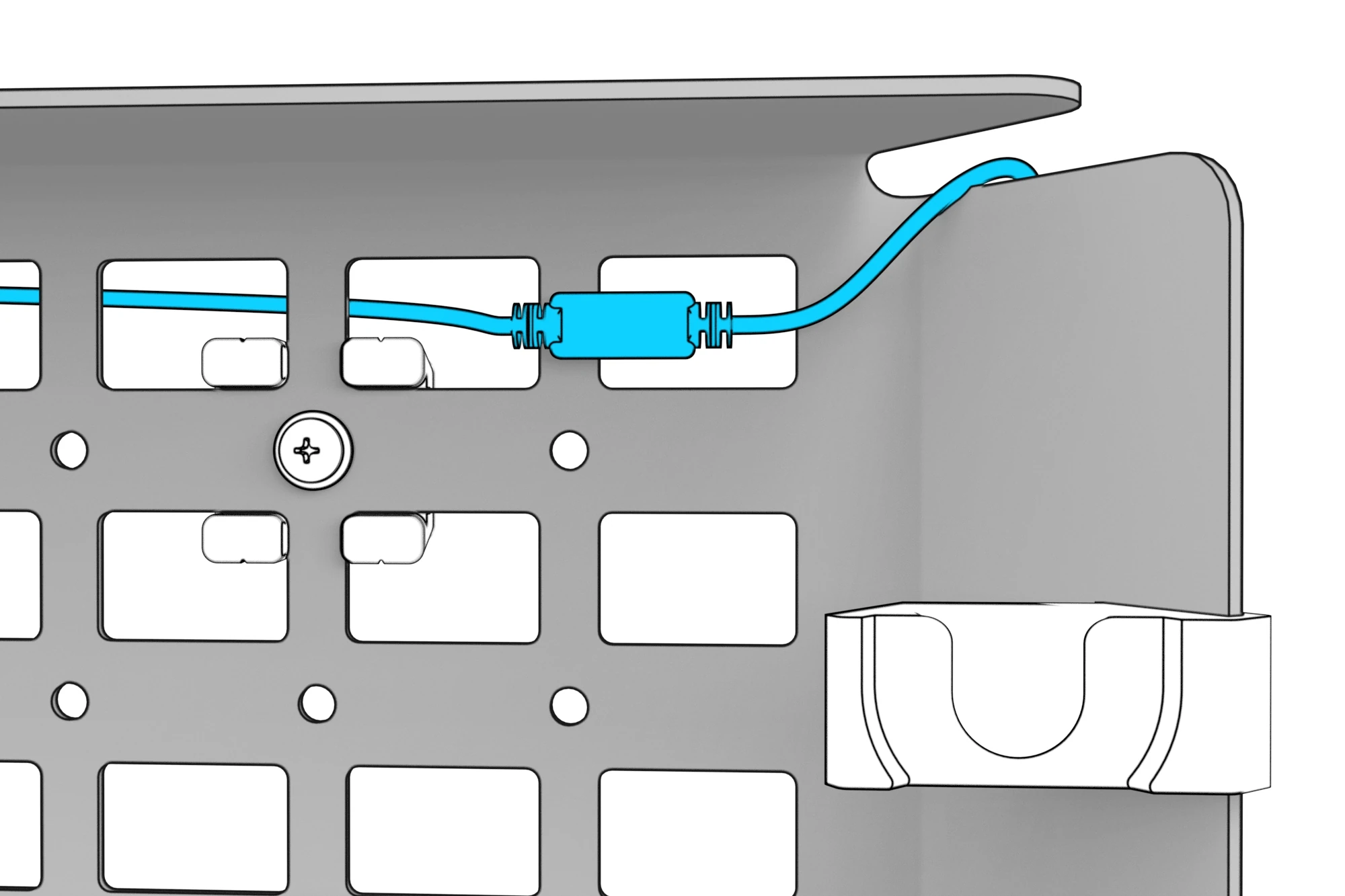 Connected extension cable routed through chassis openings along the upper edge.