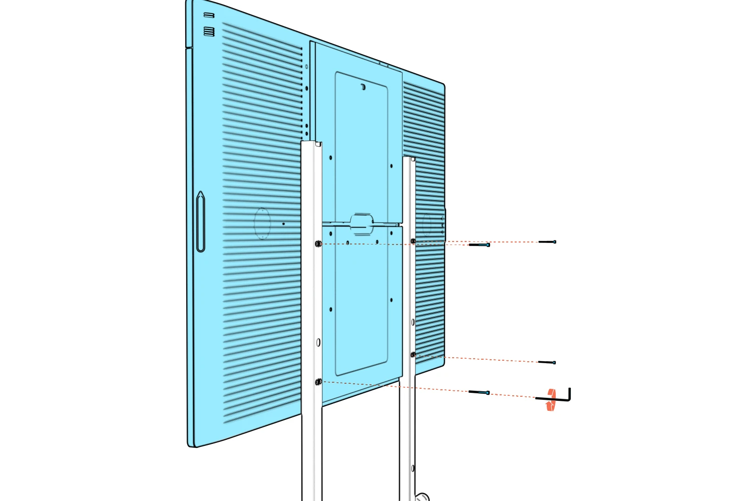 Four long lower mounting screws aligned with holes through the rear of the columns.