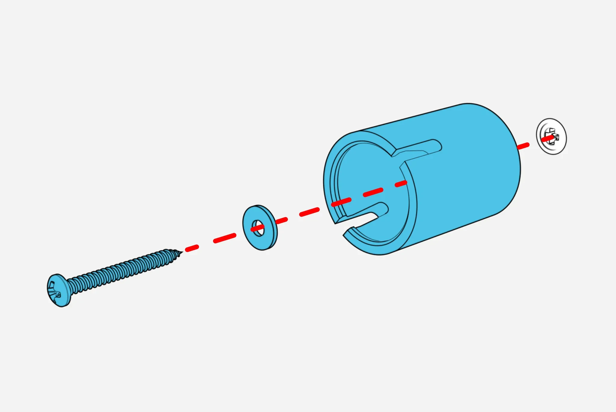 Close-up showing a screw and washer passing through the wall cup into the wall anchor.