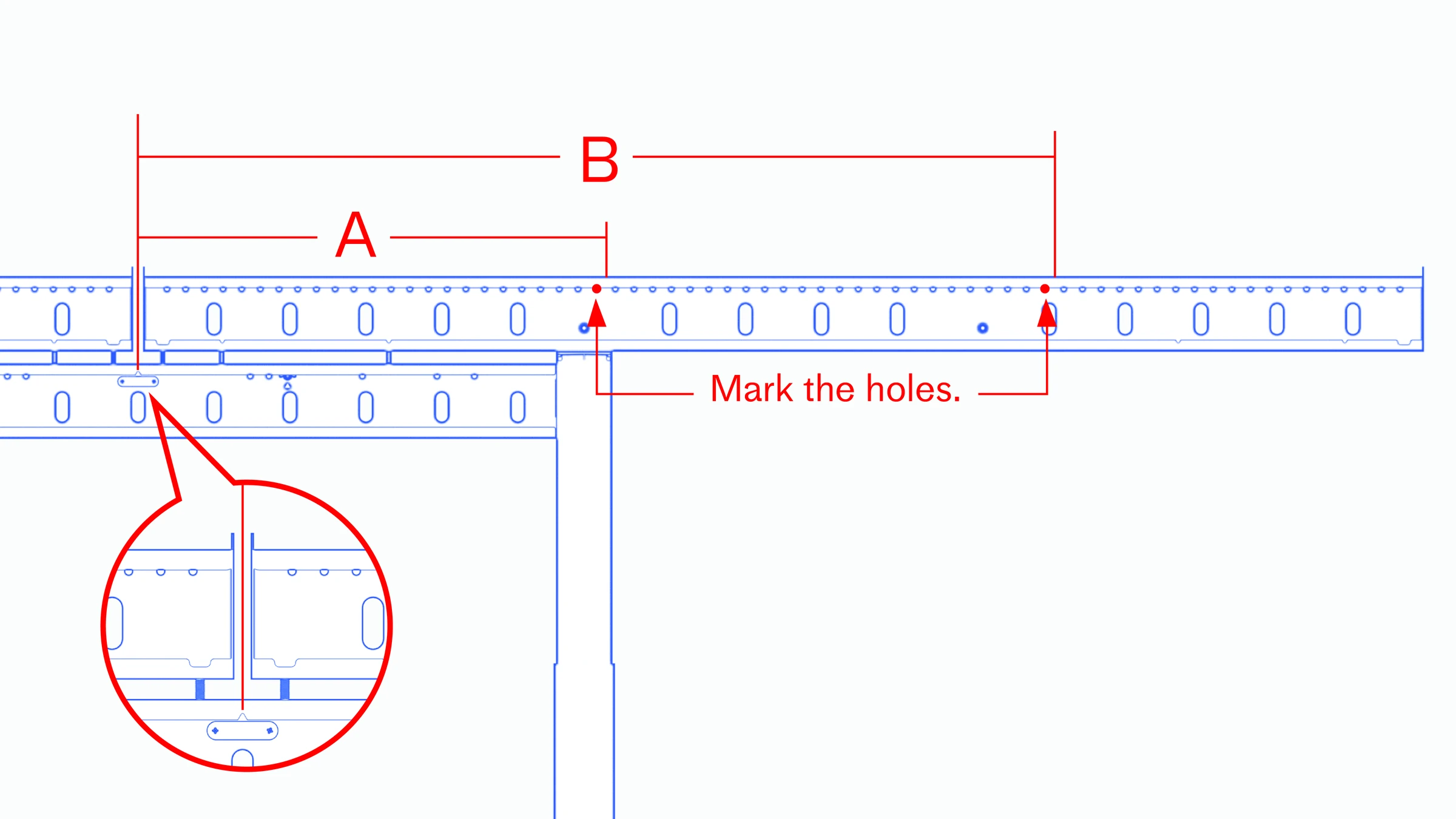 Close-up showing the triangular center notch and marked bumper positions for Distances A and B.