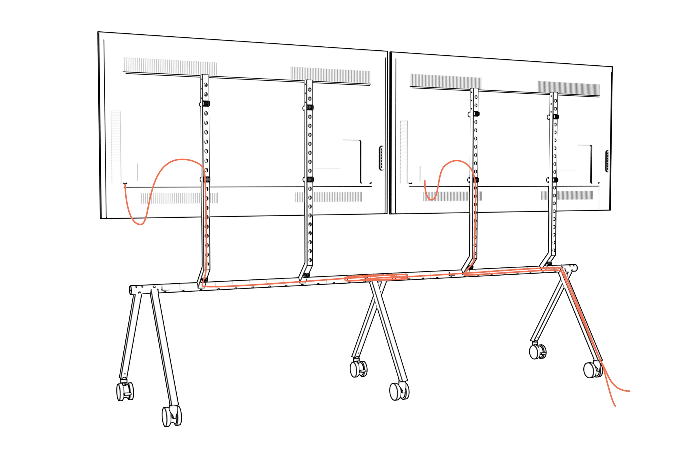 Rear of both displays with cables routed down the columns and along the beam to the floor.