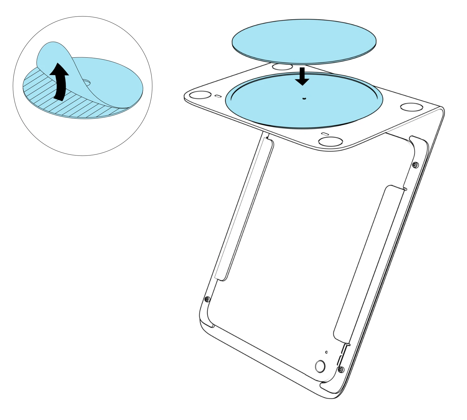 Backing peeled from a circular foam disc before it is pressed onto the underside of the PivotTable.