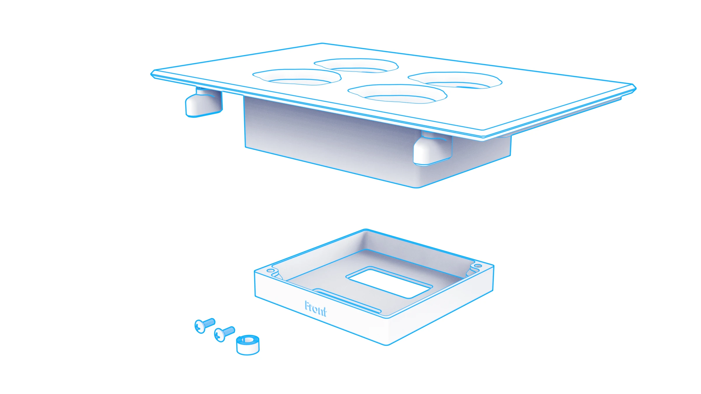 Exploded view of the four-opening console trim and separate charger base, with assembly hardware and a roll of self-adhesive hook-and-loop material.
