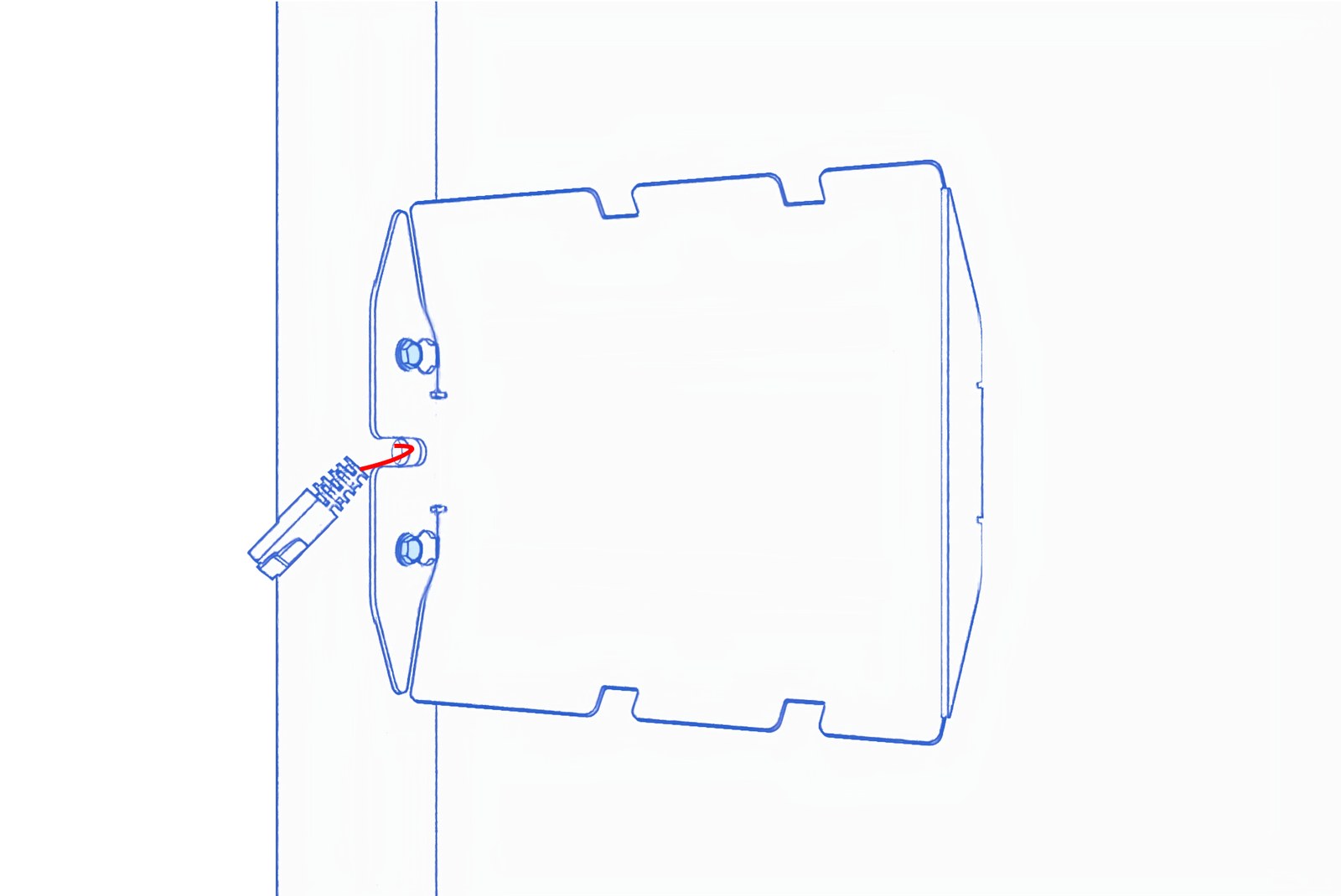 Animated diagram showing the pocket positioned over the two mullion-mounting screws, with the network cable passing through its center opening.