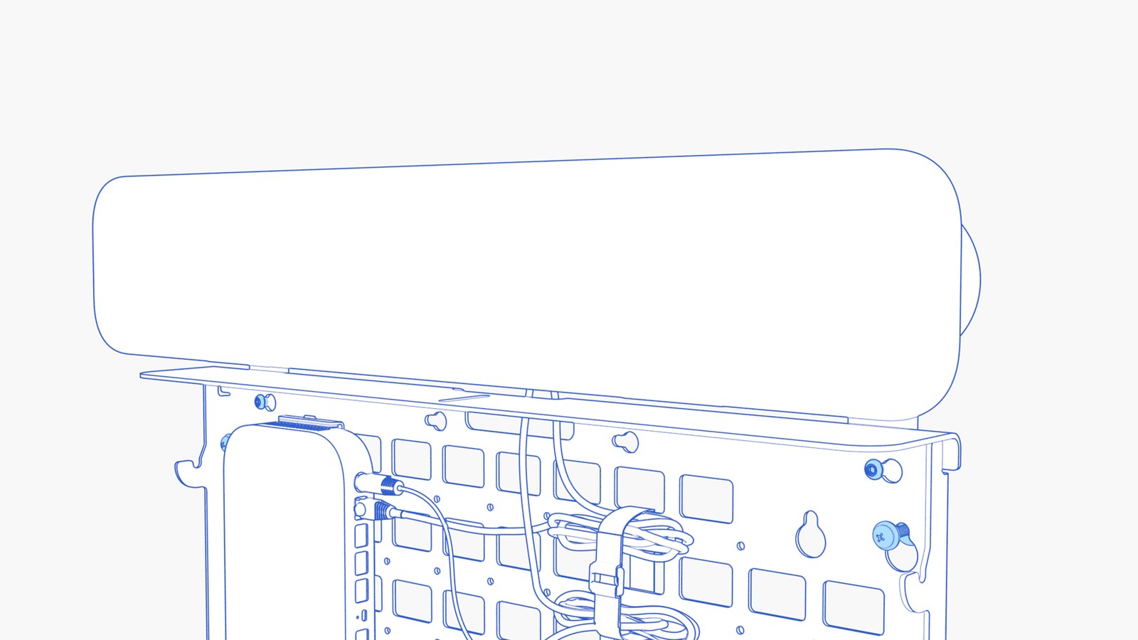 Google Meet Audio Bar brackets lowering into the credenza keyholes, followed by hex-key fastening.
