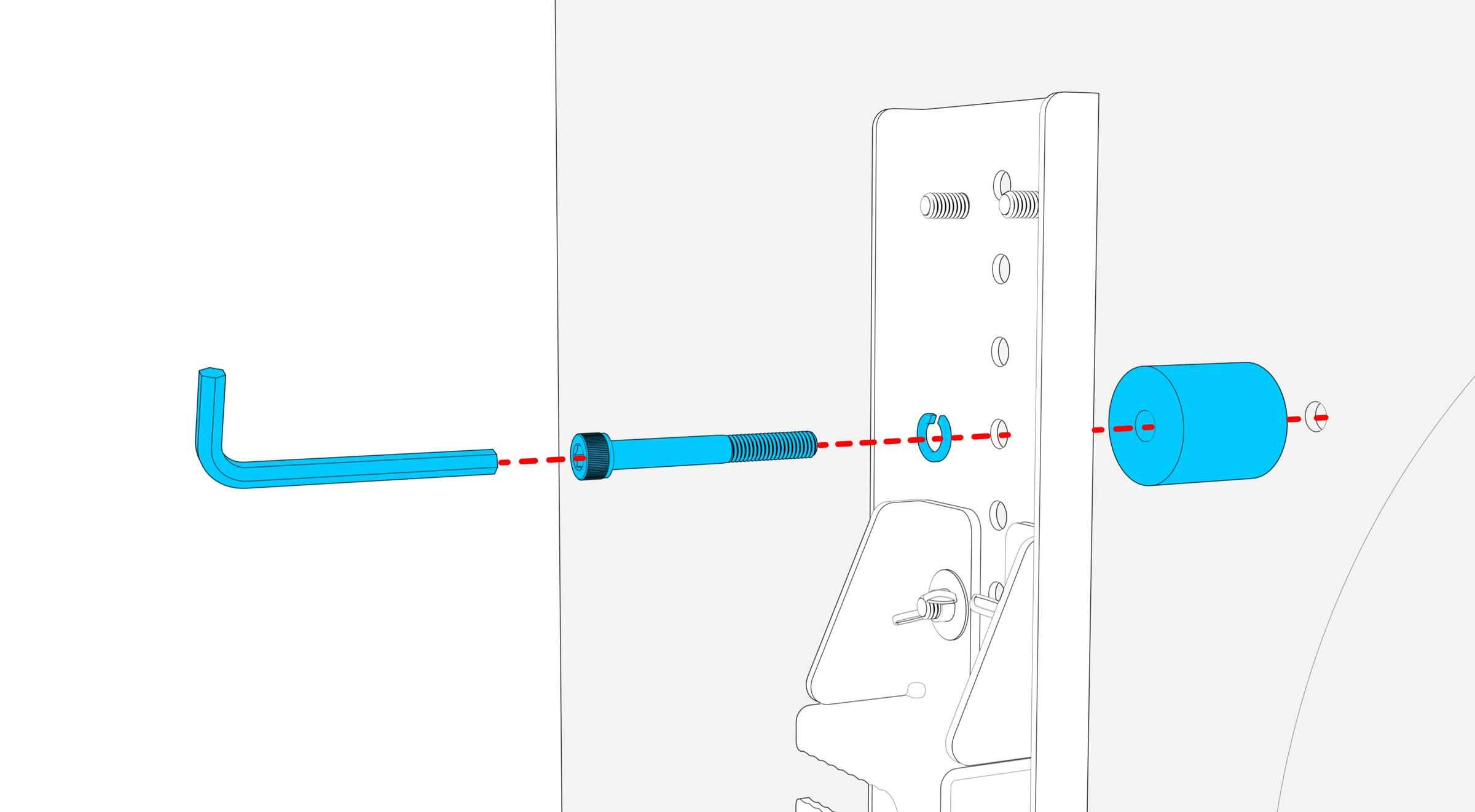 Exploded close-up showing a hex key, screw, lock washer, display rail, spacer, and display mounting hole in order.