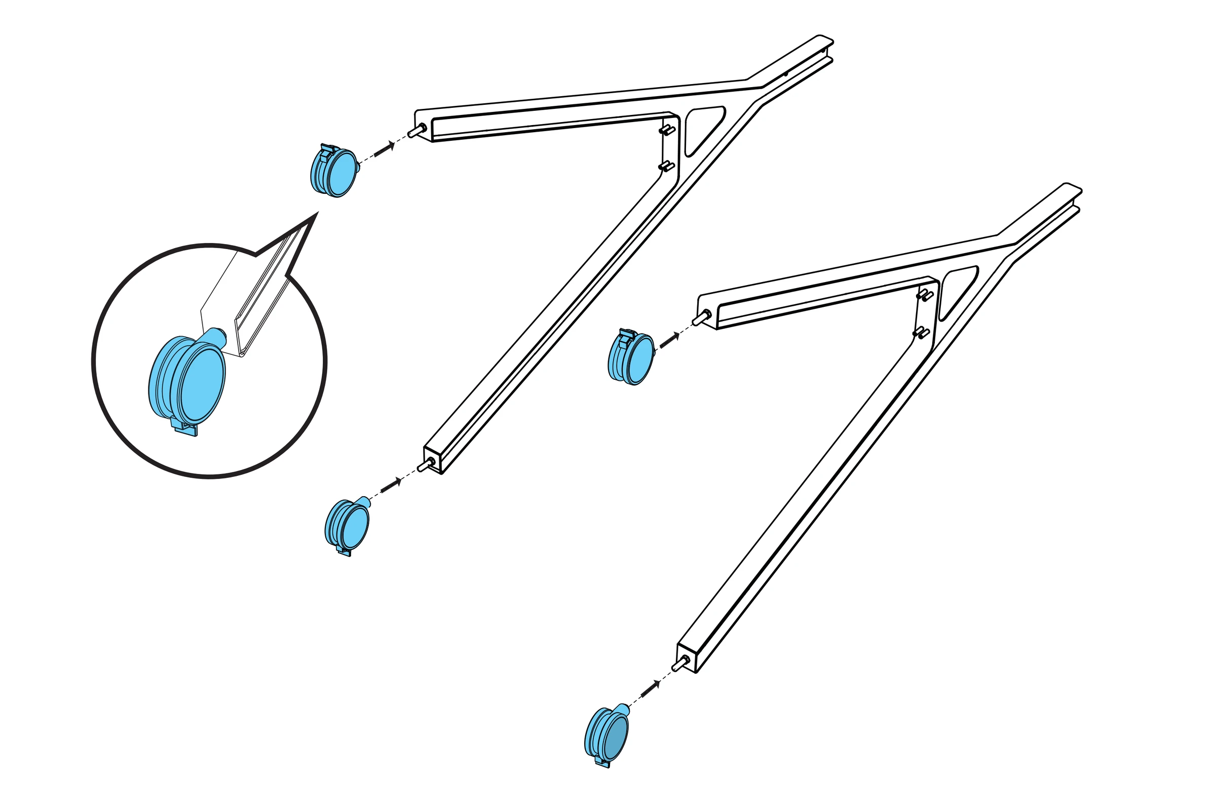 Four casters aligned with the posts on the two legs, with a close-up of the snap-on connection.