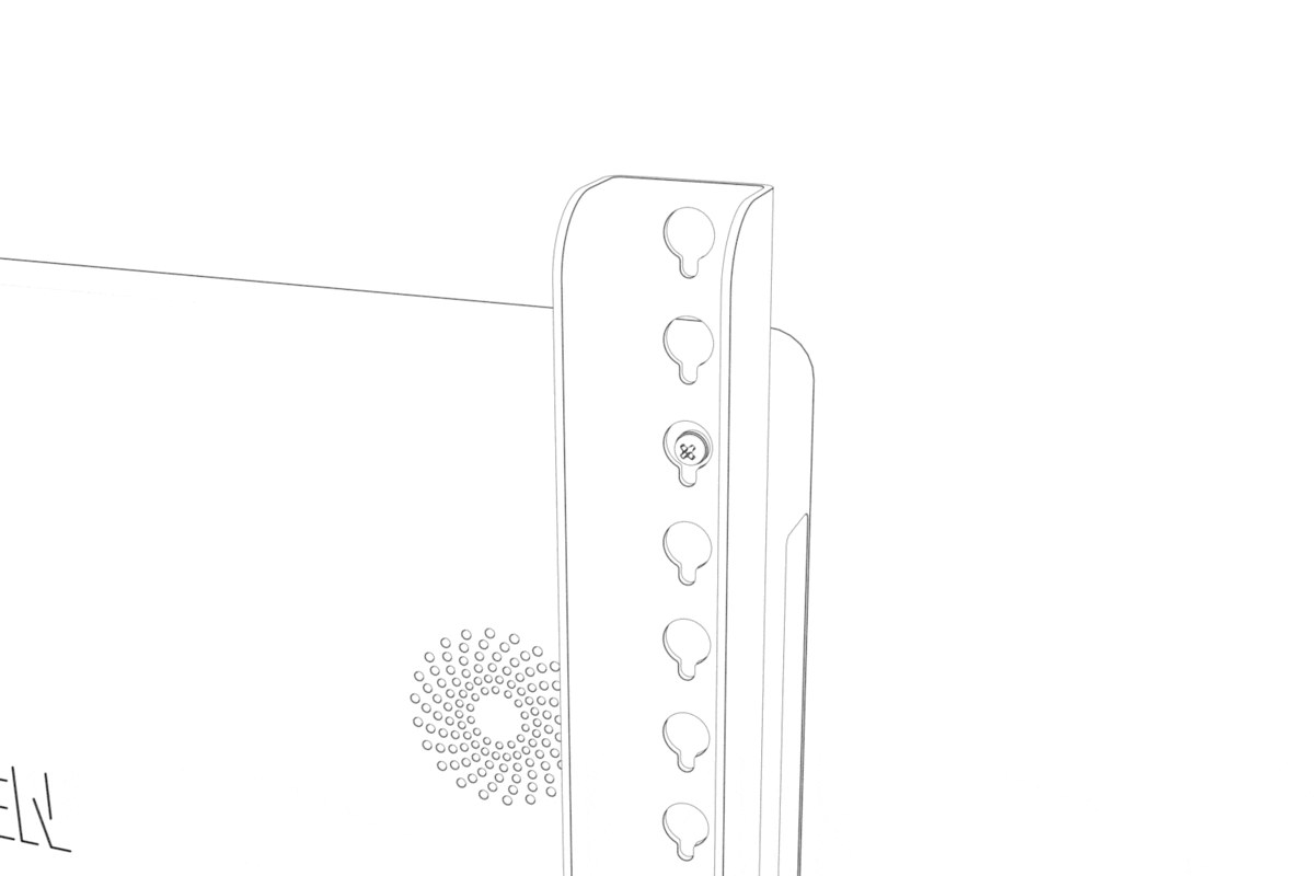 Close-up sequence of a display screw entering a rail keyhole and seating in its narrow slot.