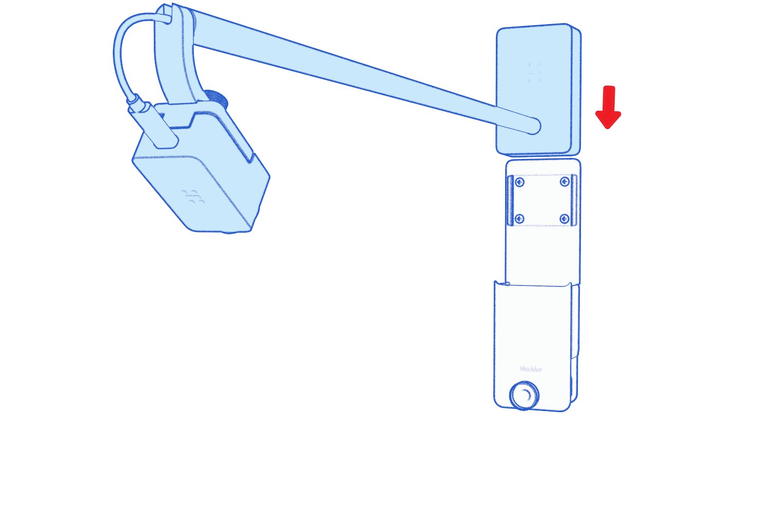 Animation of the Huddly Canvas housing sliding down onto its wall bracket until it meets the whiteboard mount.