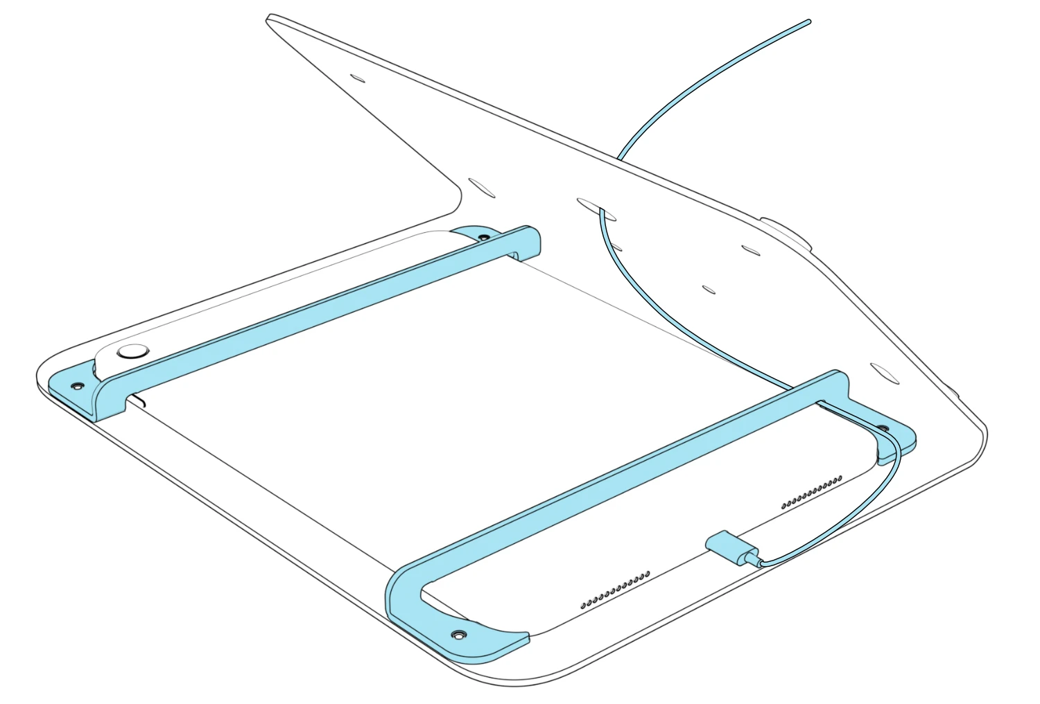 Rear view of the iPad with both brackets in place and a USB-C cable passing between the side bracket and iPad and through the opening in the stand base.