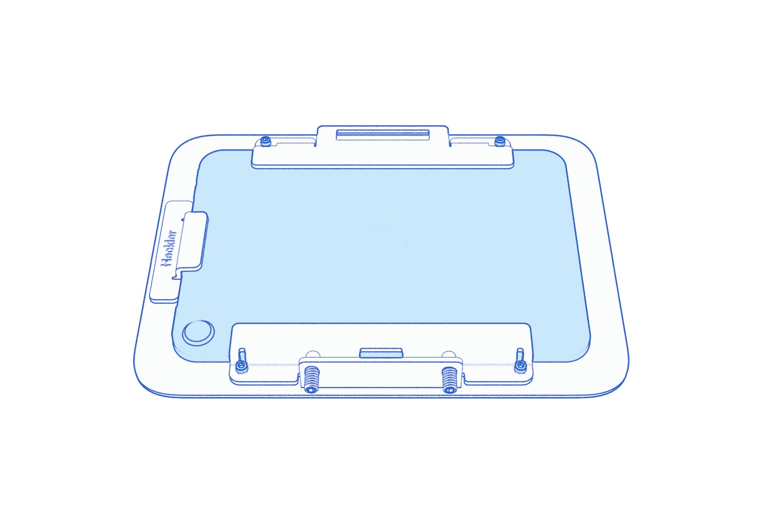 Animated diagram showing the iPad mini sliding through the open side of the enclosure, beneath the brackets and against the far-side tab.