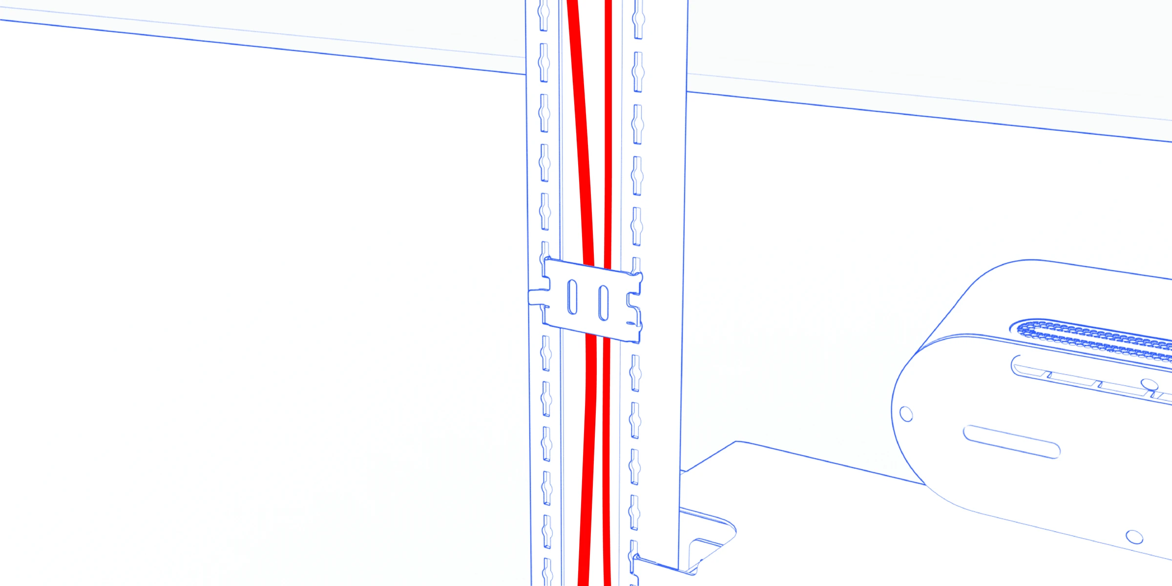 Cable guide holding vertically routed cables inside the structure’s upright.