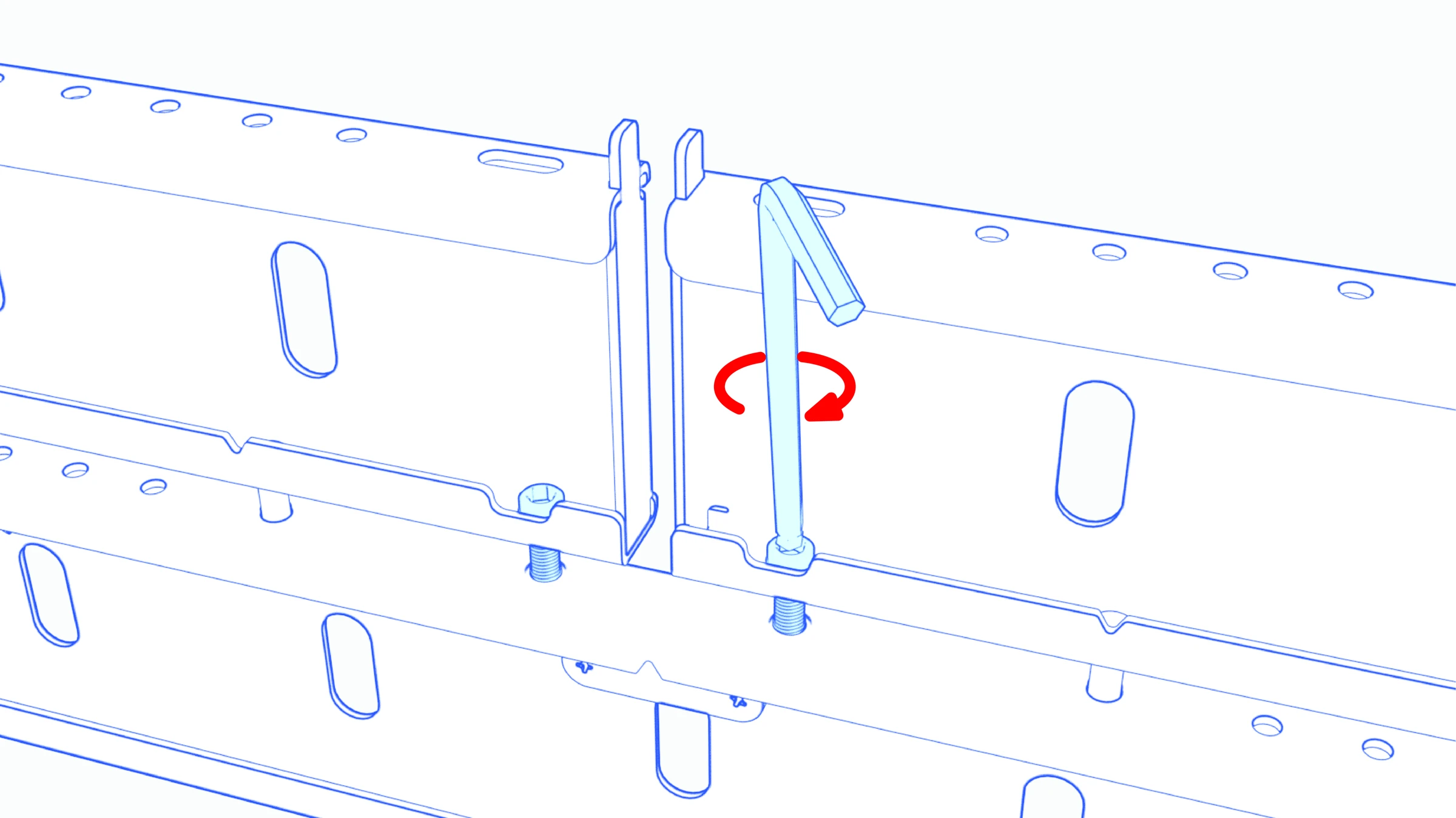 Hex key at the leveling screw, with a curved adjustment arrow.