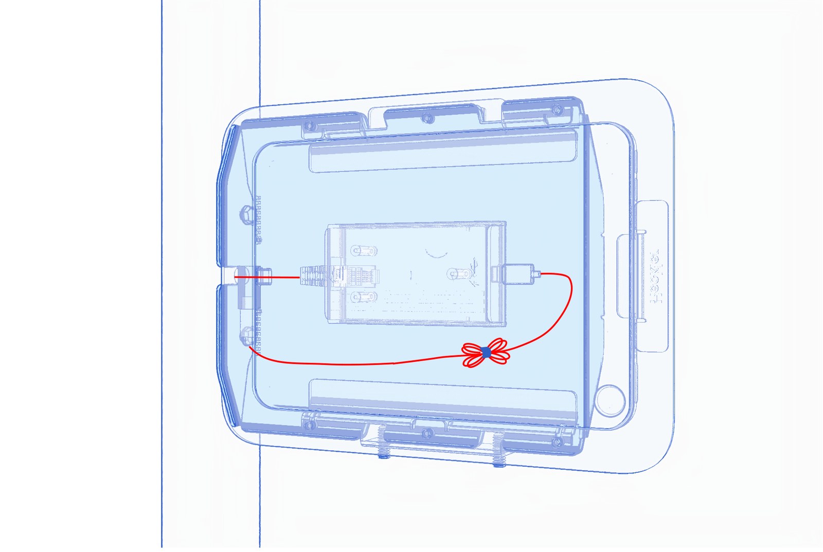 Animated transparent view showing the tablet enclosure engaging with the pocket and moving into its resting position, with cabling visible inside.