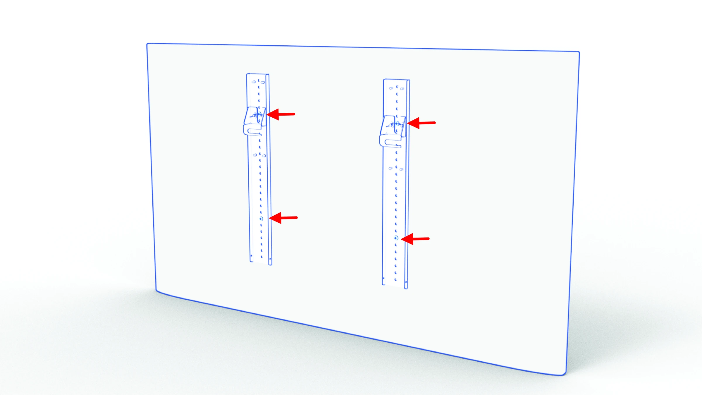 Four display-rail mounting-screw positions indicated on the right-hand display.