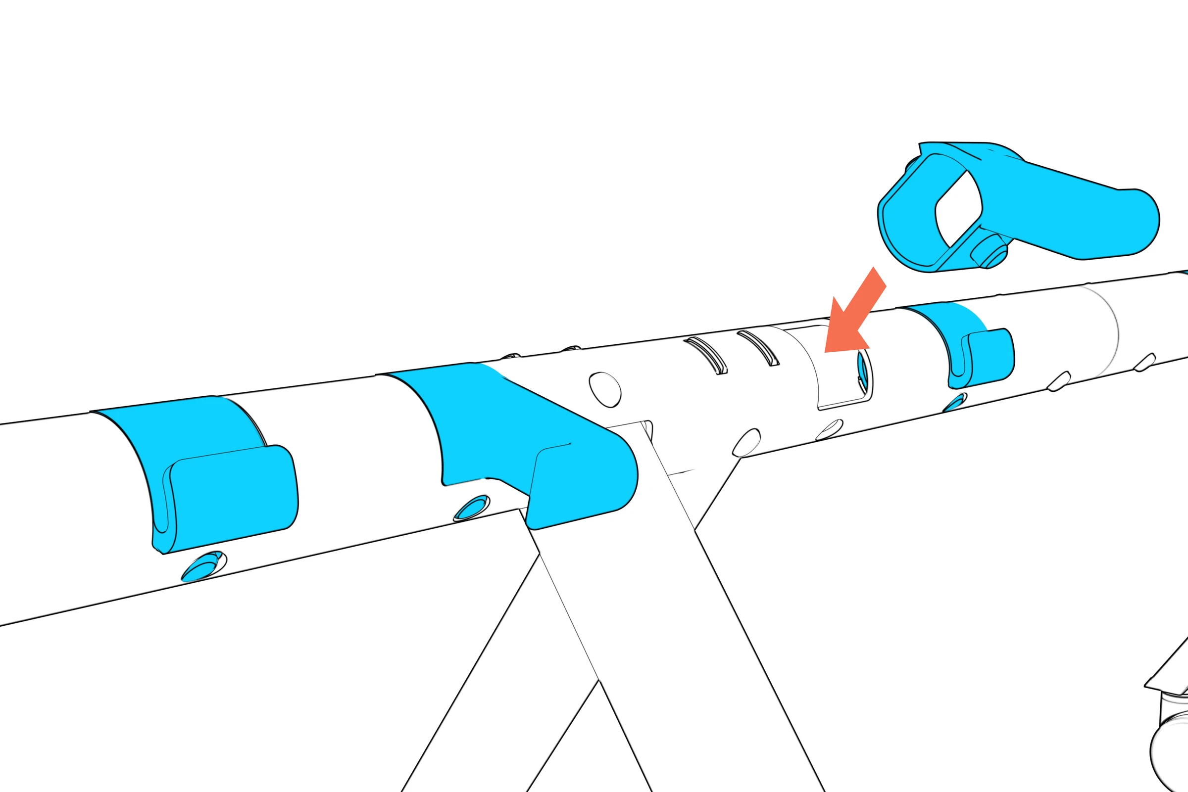 Cord-wrap hook aligned with a beam socket.