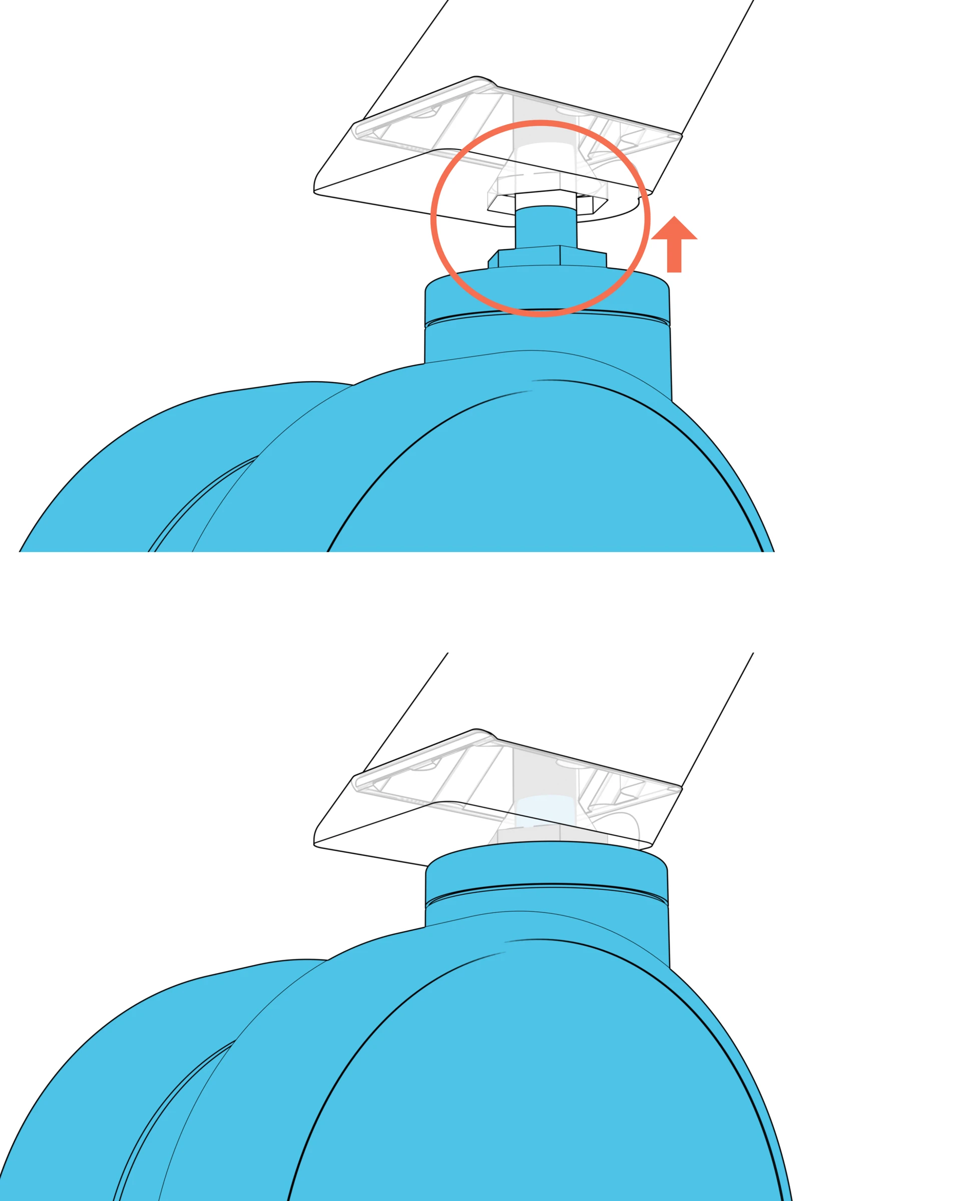 Two close-ups showing the caster's hex feature aligned with the leg socket and then fully seated.