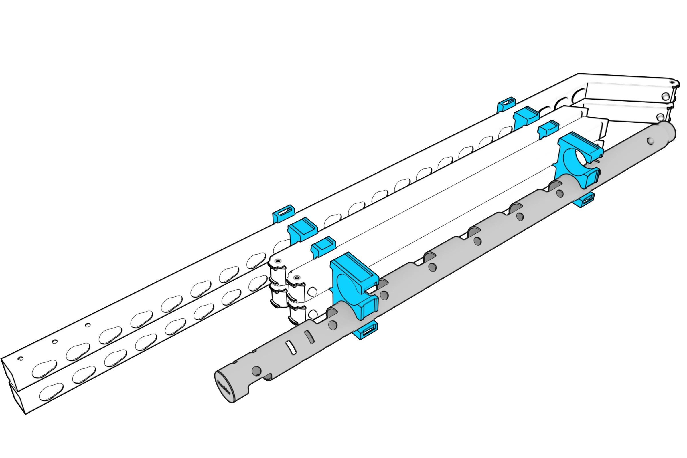 First beam half seated alongside the packed columns and legs.
