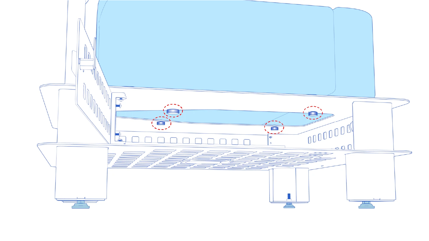 View beneath the projector showing four circled mounting positions and the M6 thumbscrews.
