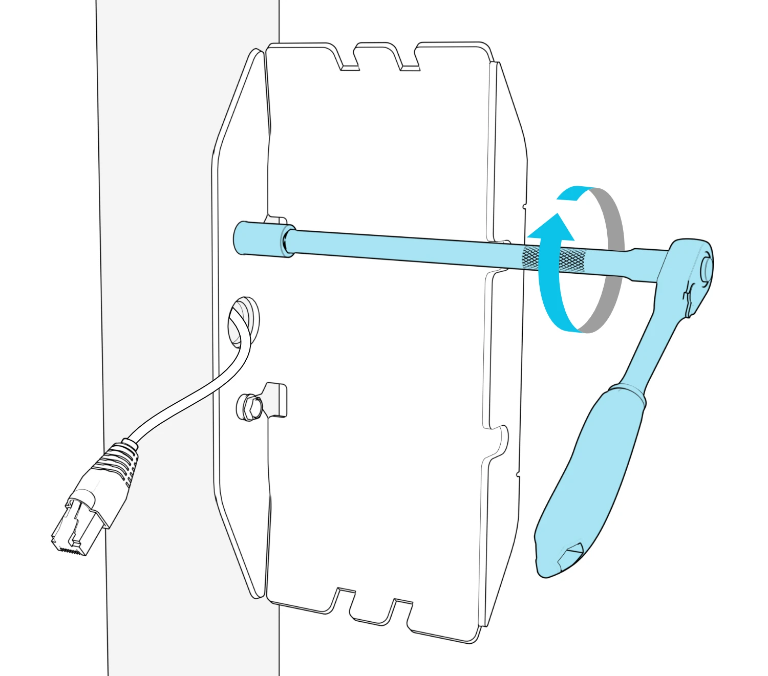 Socket wrench aligned with the upper mounting screw inside the pocket, with a curved arrow indicating tightening and the network cable extending through the center opening.