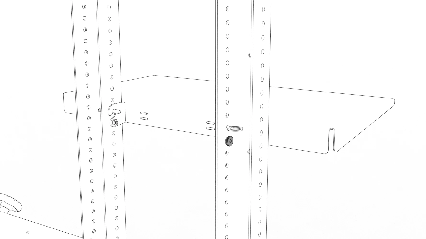 Device shelf secured to the uprights with its optional thumbscrews installed.
