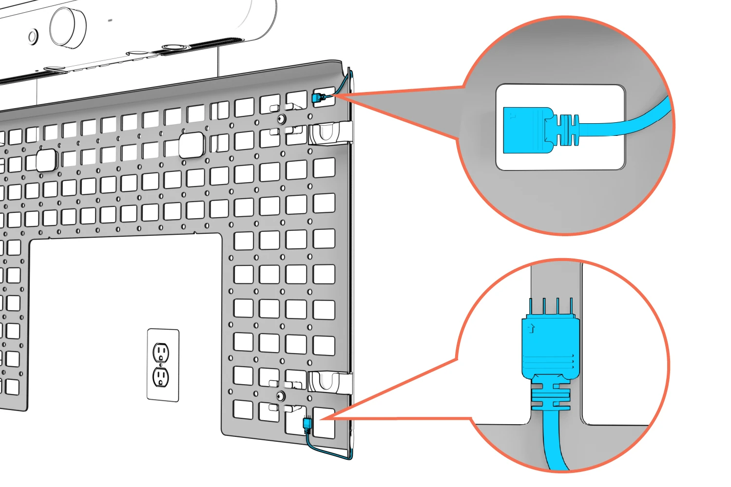 LED strip adhered along the right edge, with enlarged female upper and male lower cable connectors.