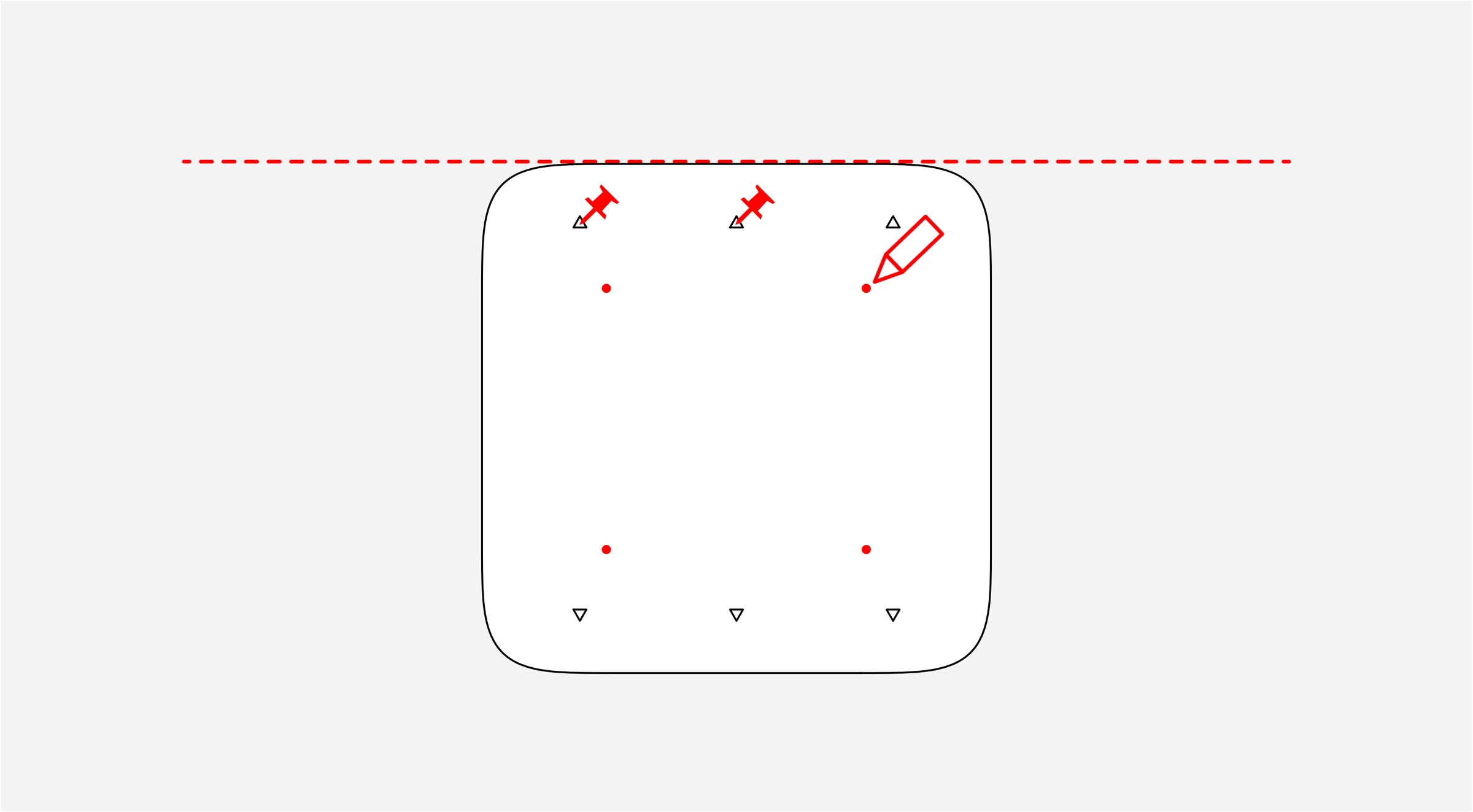 Leveled installation template secured with push pins, with 4 mounting-hole locations marked.