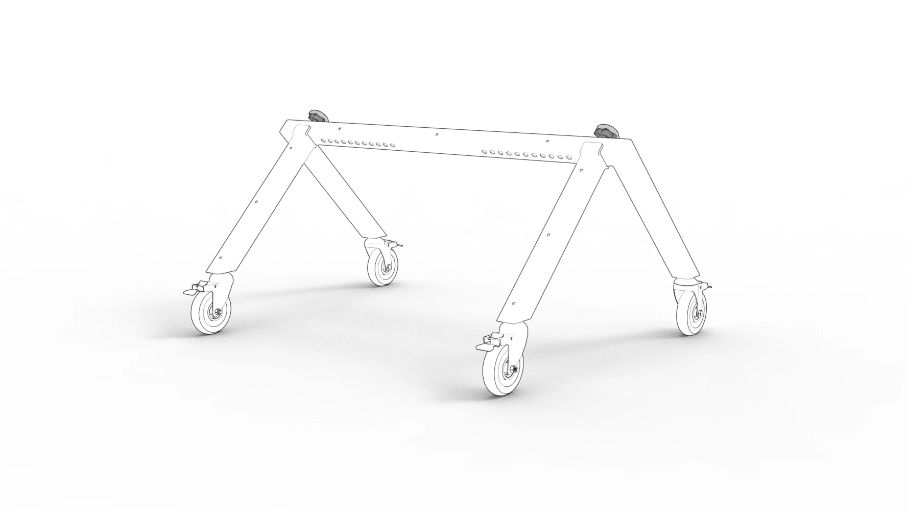 Completed rolling base with two rear legs and four casters.