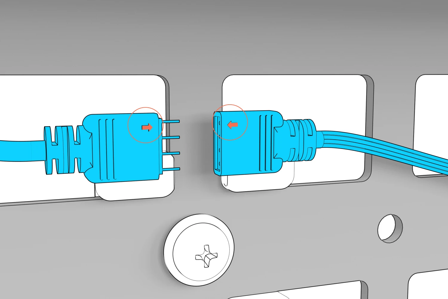 LED-strip and extension-cable connectors aligned with their arrow marks facing each other.