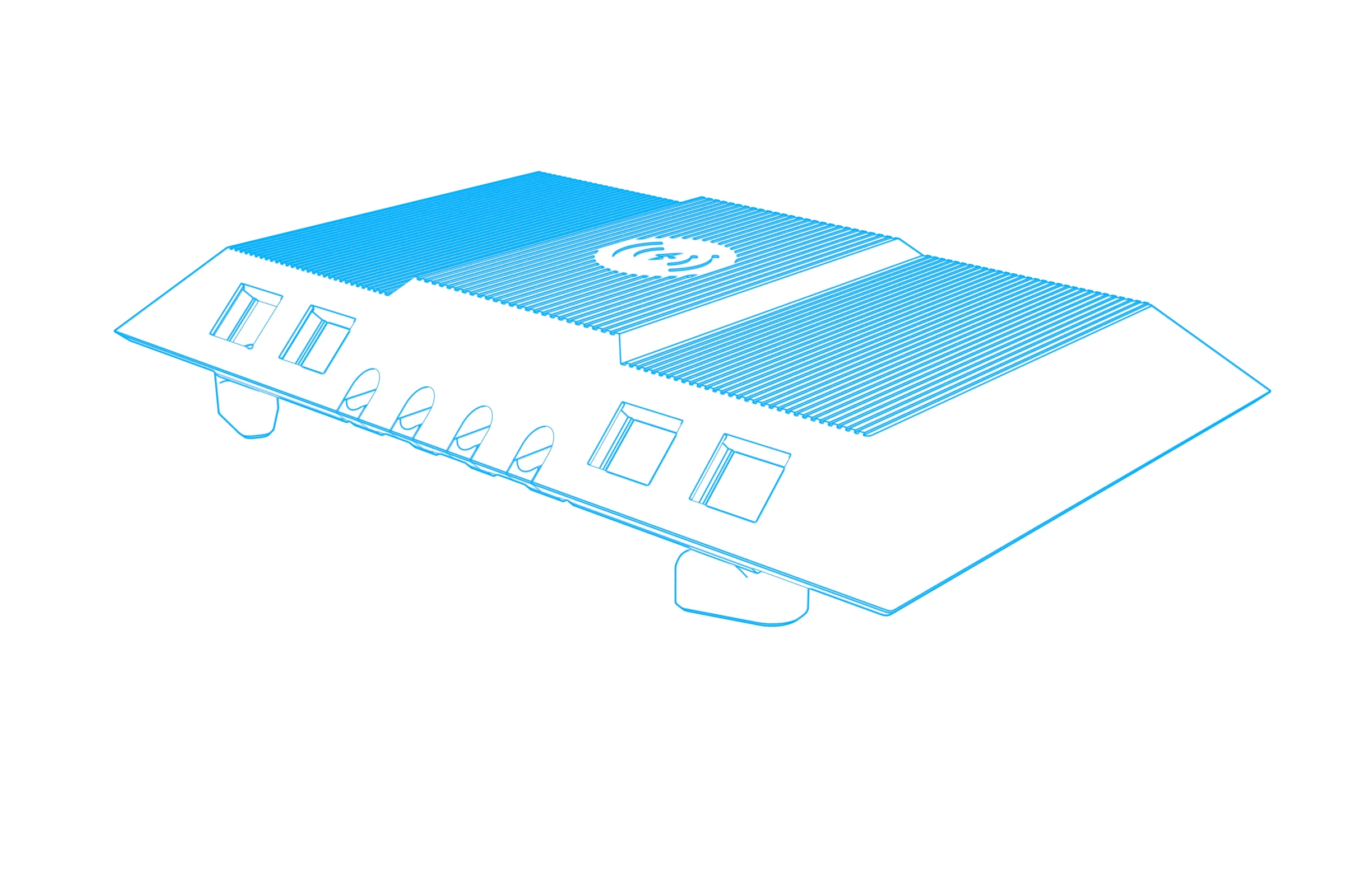 Courtesy IO console insert with front connector openings, cable slots, and a central wireless-charging surface.