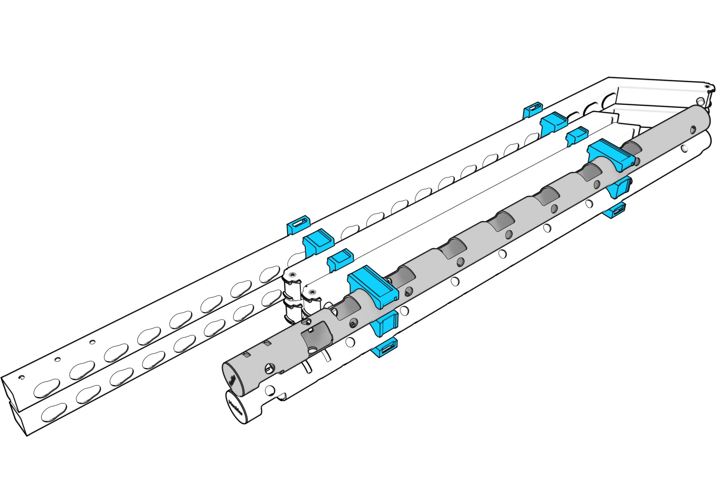 Both beam halves seated alongside the packed columns and legs.