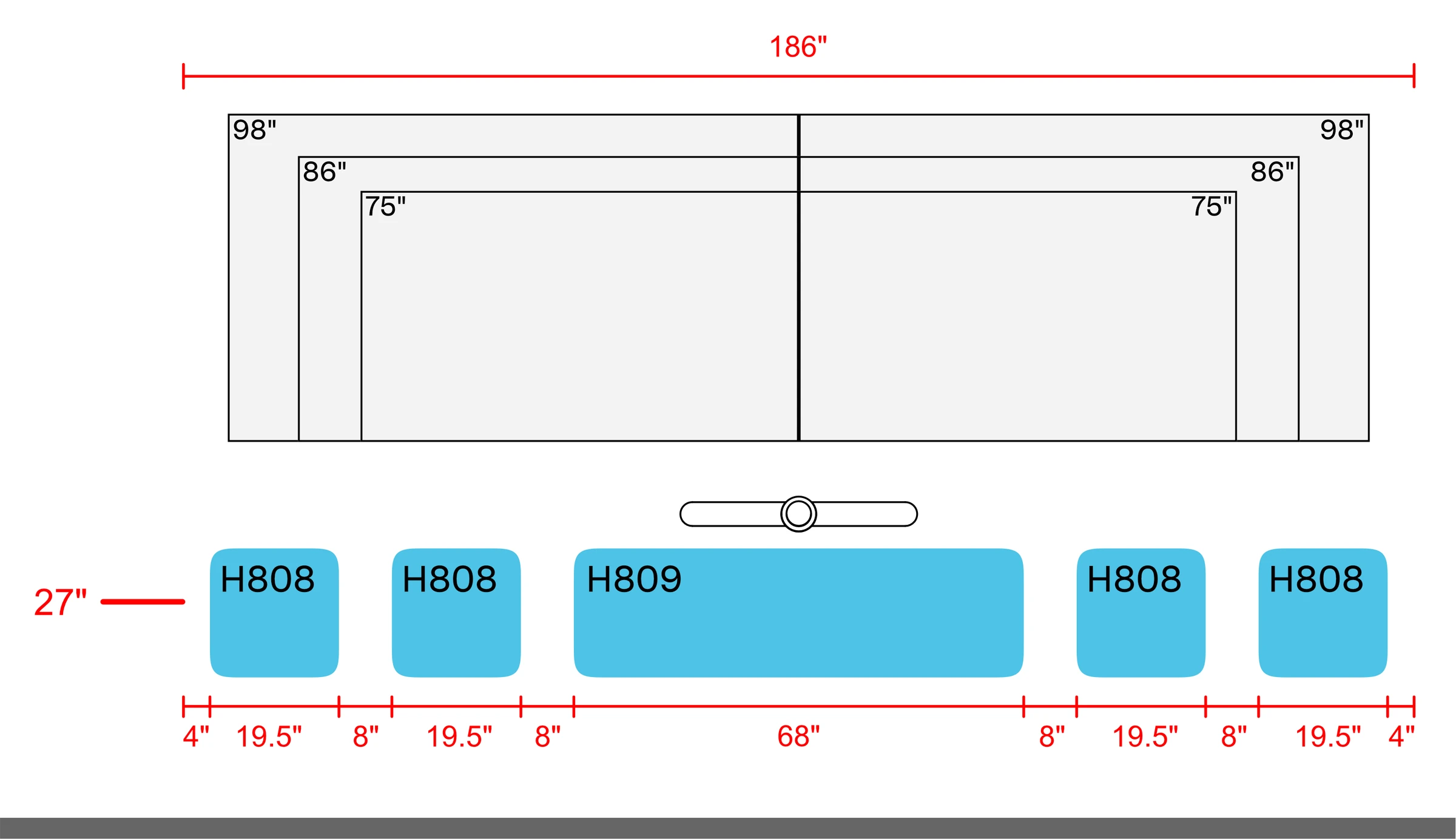 Wider dual-display examples above H809 and two H808 pairs, with a 186-inch layout width. The 27-inch mounting reference, panel widths, and spacing dimensions are shown.