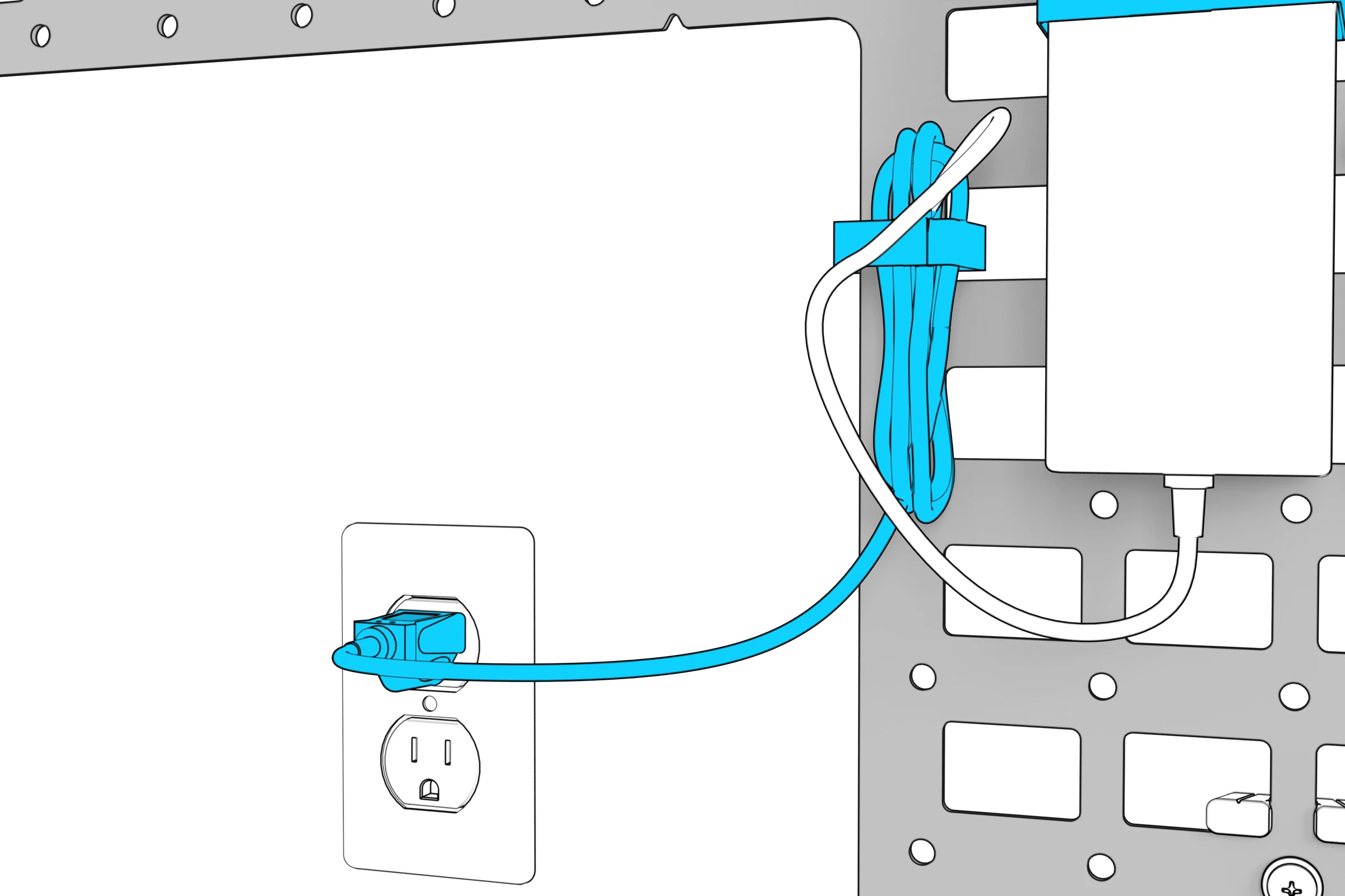 Power-adapter plug connected to the wall outlet behind the chassis.