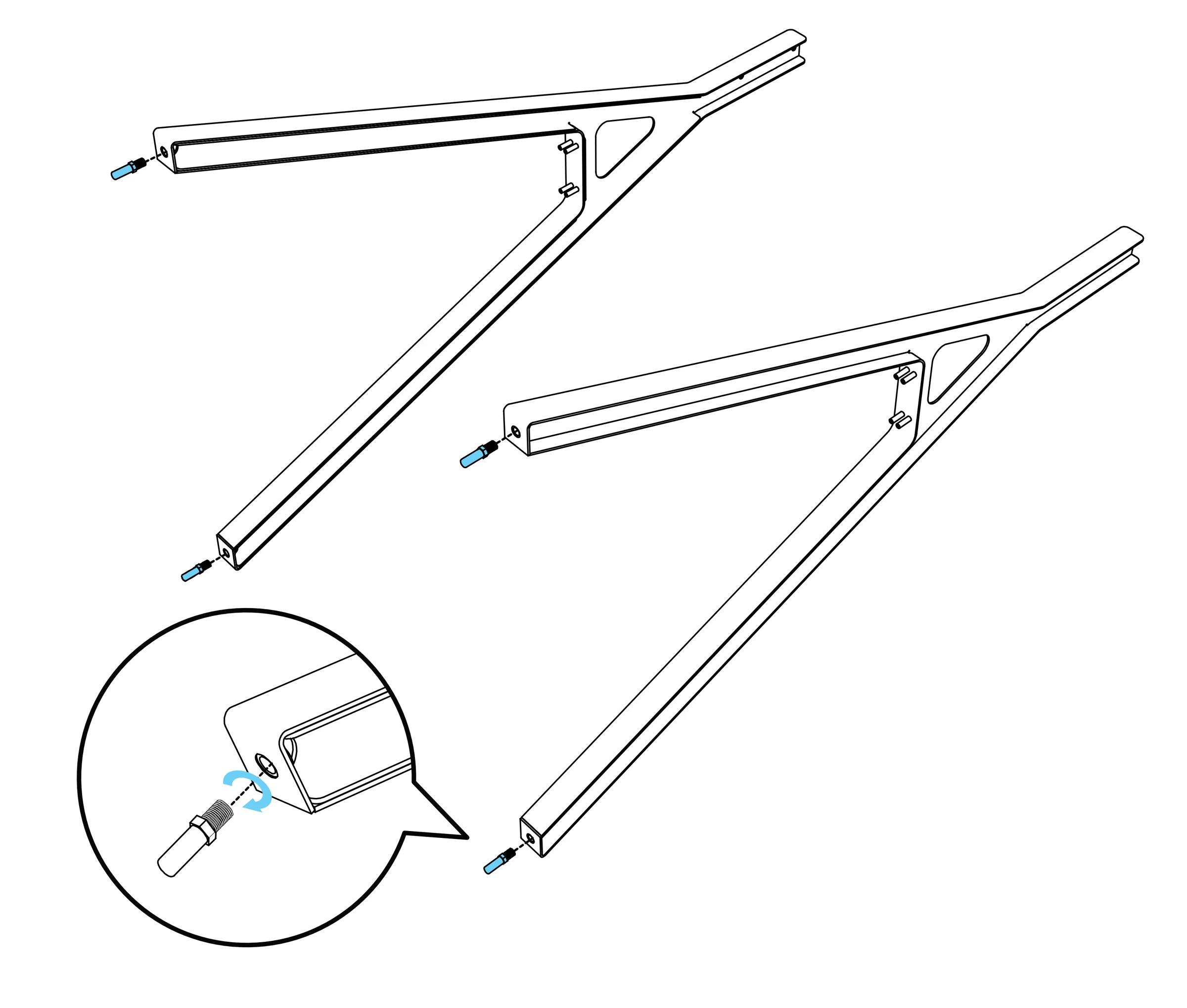 Caster posts aligned with the leg ends and a close-up of a post threaded into place.