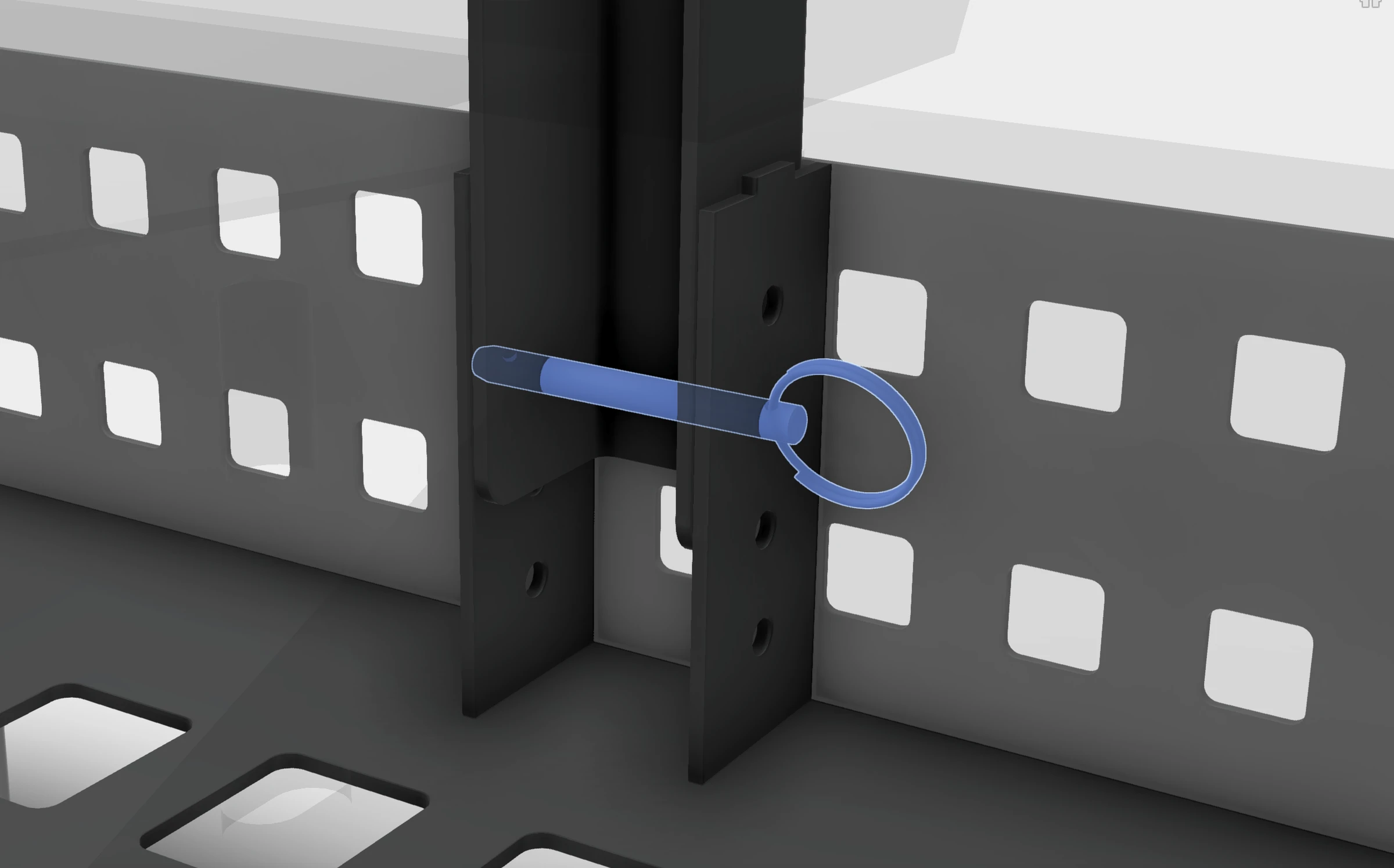 Ring-handled quick-release pin crossing the neck channel and the inserted neck.